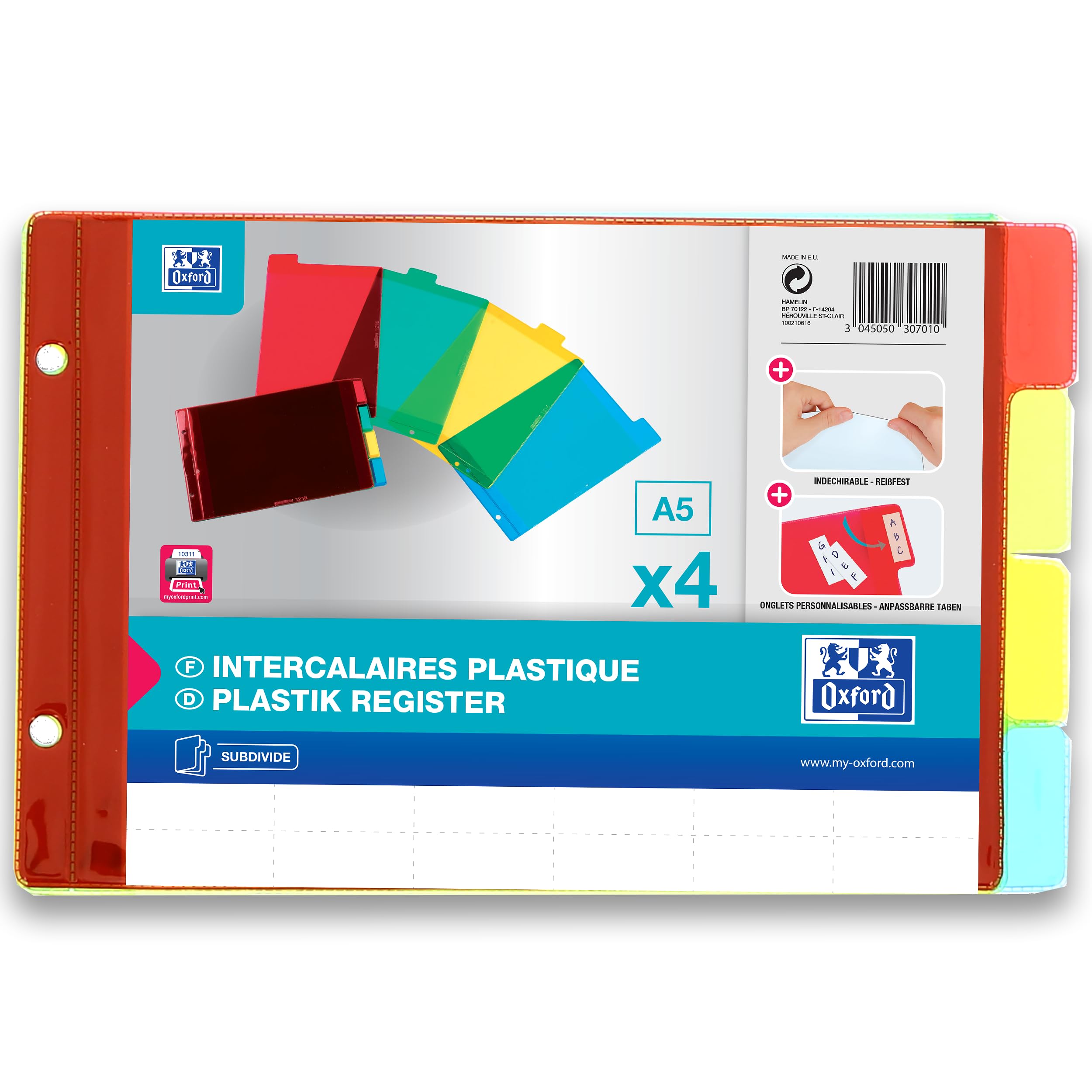 OXFORD 25 Stück Register A5 Querformat 4 Positionen, PVC, transparent, Dicke 14/100, verschiedene Farben