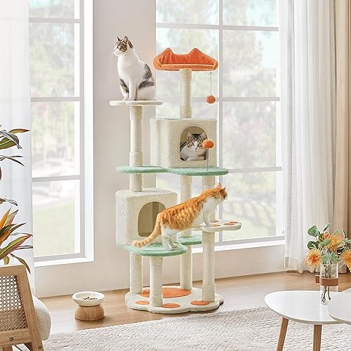 Miniatura 2 de Yaheetech Torre de árbol para gatos de 57.5 pulgadas, centro de actividades multifuncional con plataforma en forma de pata de gato, postes