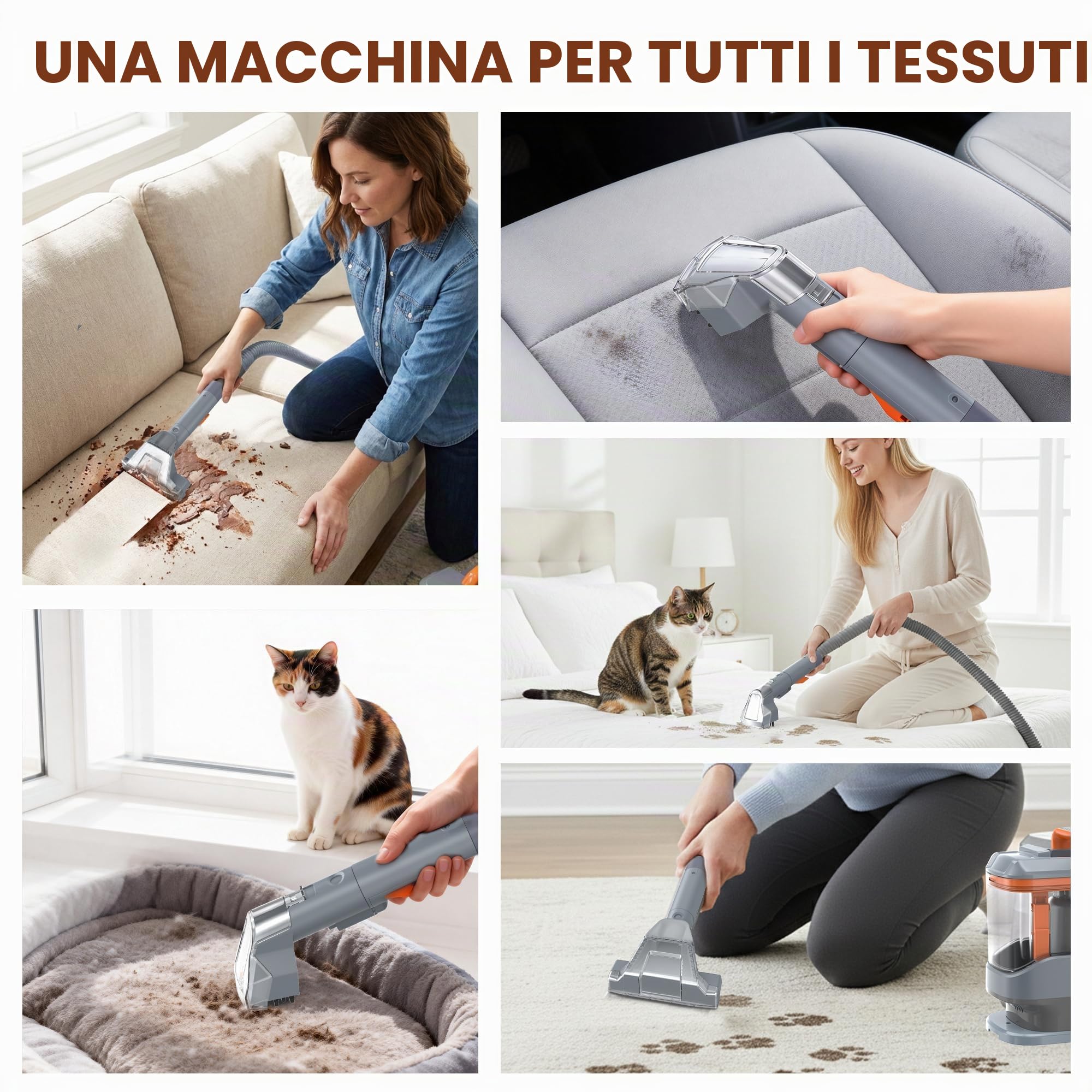 Lavatappeti 450W 13kPa, Lava Tappezzeria e Aspira per Divano, Tappeti e Auto, con 3 Spazzole e Sistema a Doppio Serbatoio Autopulente, Portatile Leggero 2,6kg