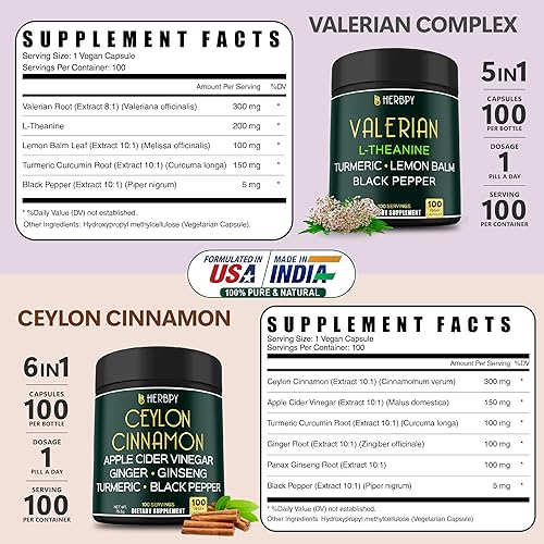 Miniatura 4 de Paquete de suplemento de raíz de valeriana 5 en 1, 5150 mg y 6 en 1, suplementos de canela de Ceilán de primera calidad, 7550 mg, apoya la noche