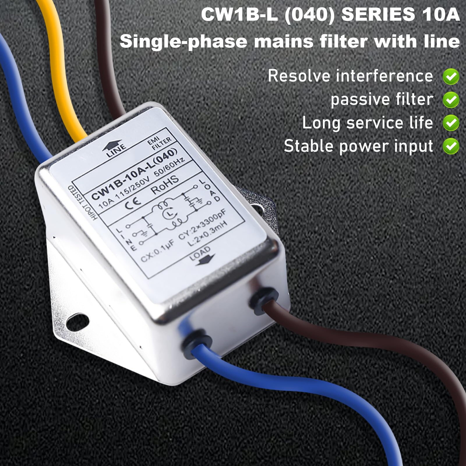 3 filtri EMI CW1B-10A-L - Filtro monofase 250 V 10 A, filtro elettromagnetico per la soppressione di disturbi impulsi continui e intermittenti