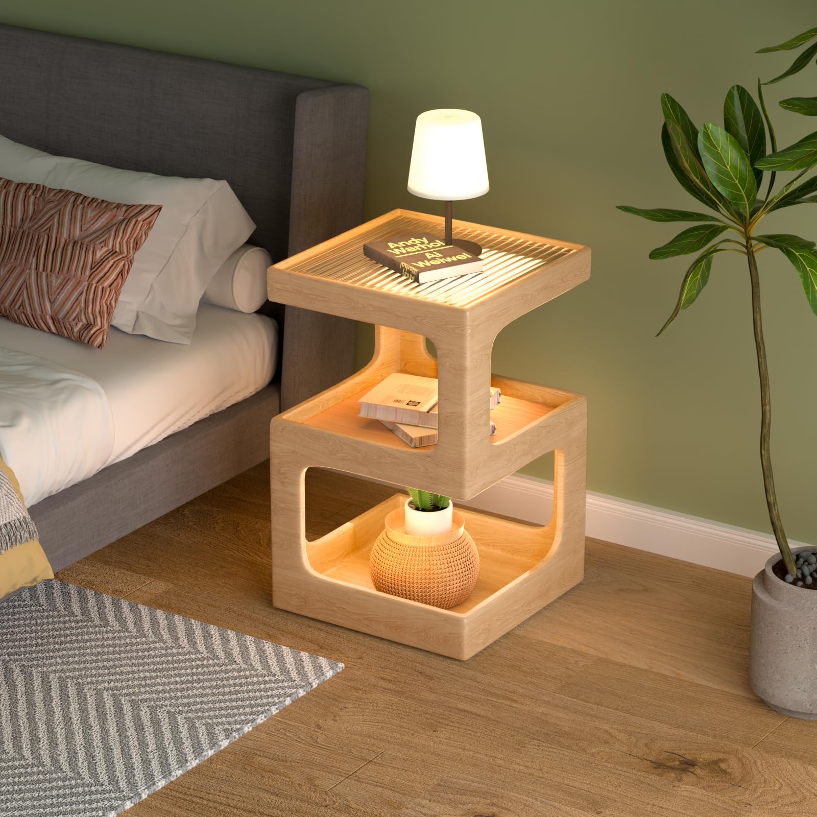 Tavolino moderno in legno massello con piano in vetro, comodino con 3 ripiani per soggiorno e camera da letto, design scandinavo versatile e salvaspazio