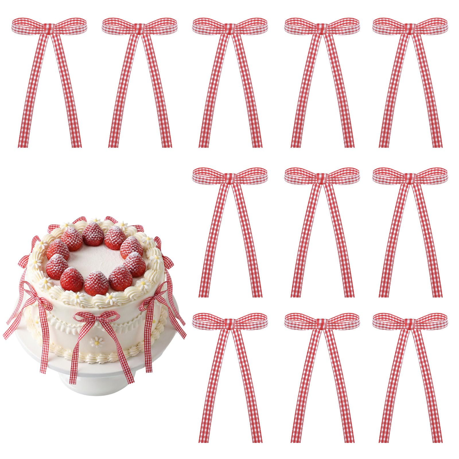 NatNarr Red Gingham Bows Cake Toppers (30 PCS, 2.9 x 5.7 inches) | Classic Red Gingham Ribbon Bows for Desserts - main product image