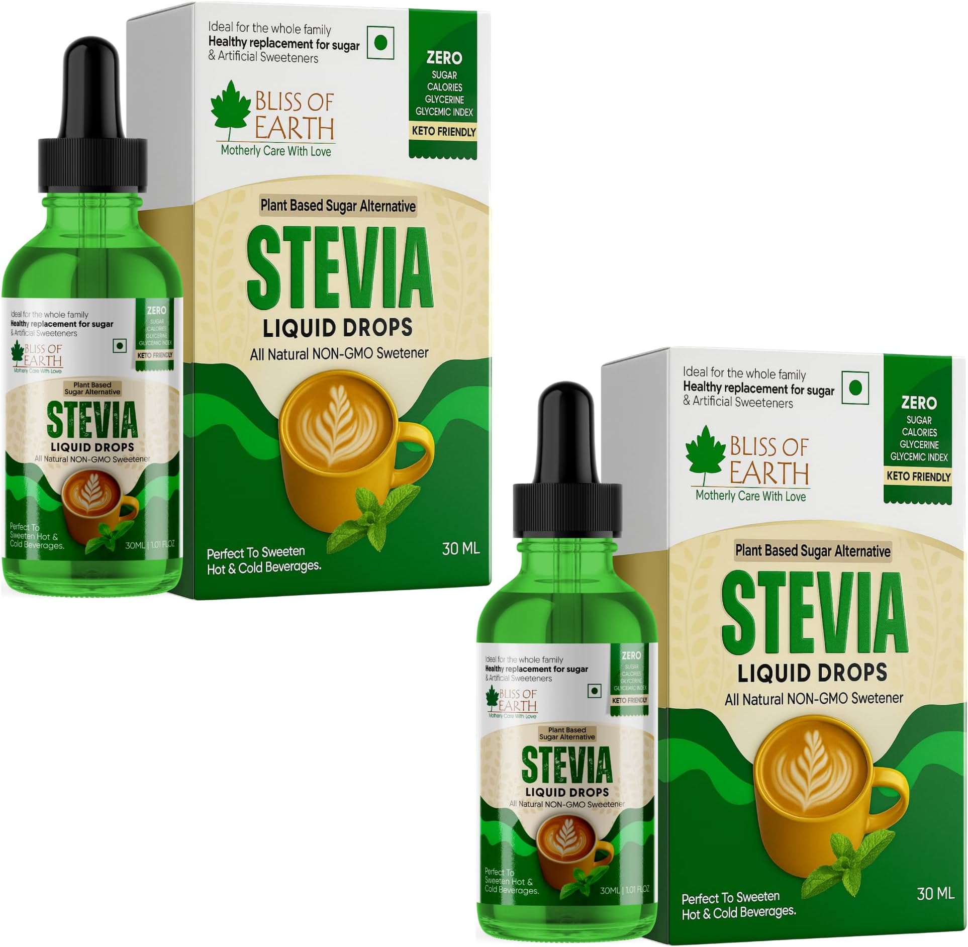 Bliss of Earth 2X30ml Original 99.8% REB-A Stevia Liquid Drops, Glycerine Free Keto Sugarfree Sweetener in Glass Bottle