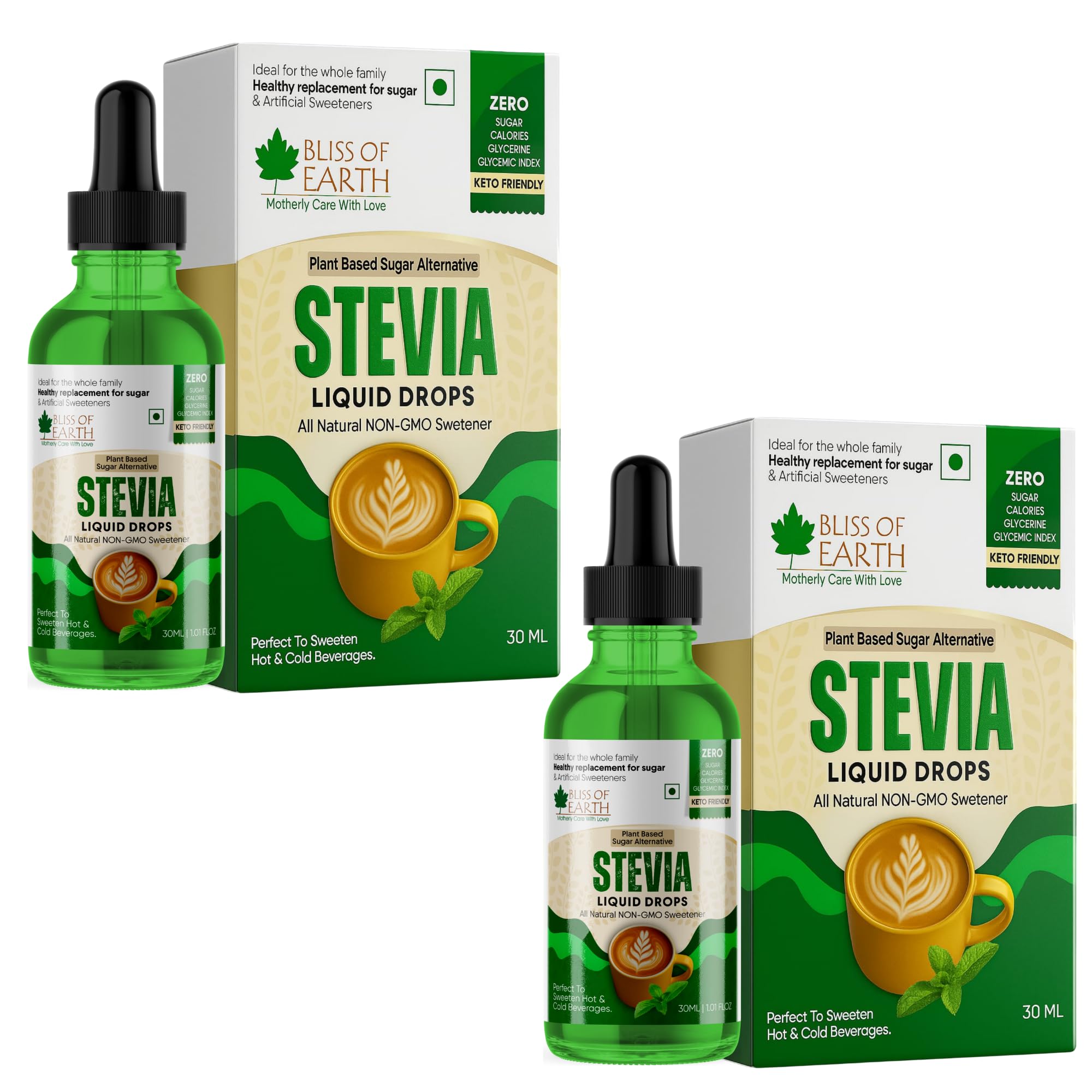 Bliss of Earth 2X30ml Original 99.8% REB-A Stevia Liquid Drops, Glycerine Free Keto Sugarfree Sweetener in Glass Bottle