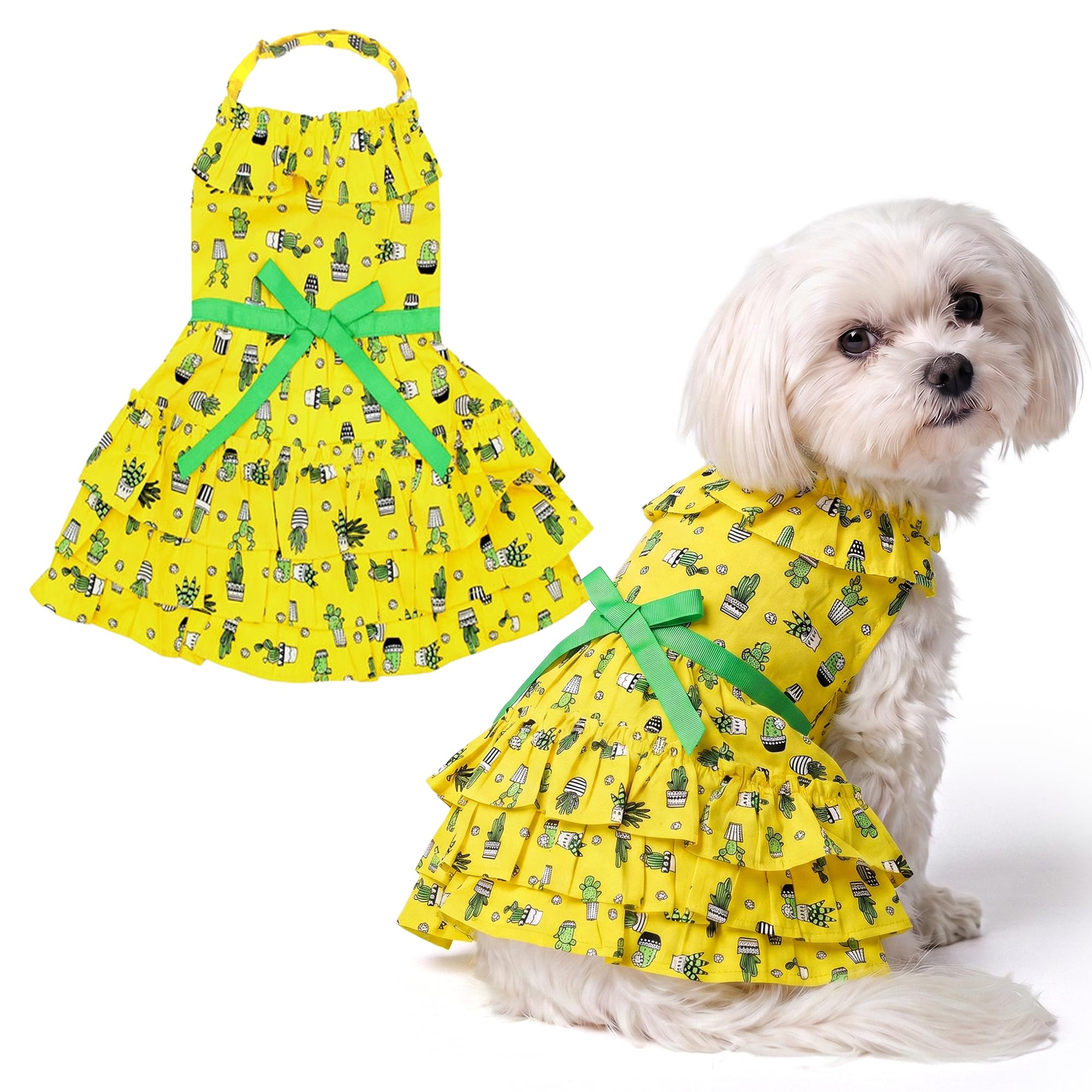 Parisian Pet Cactus Dog Dress - Summer Clothes for Small Dogs Girl - Tropical Pet Dress - Beach Dog Outfit - Lightweight Puppy Clothes - Yellow Dresses for Dogs - Female Small Dog Clothes โ image 1