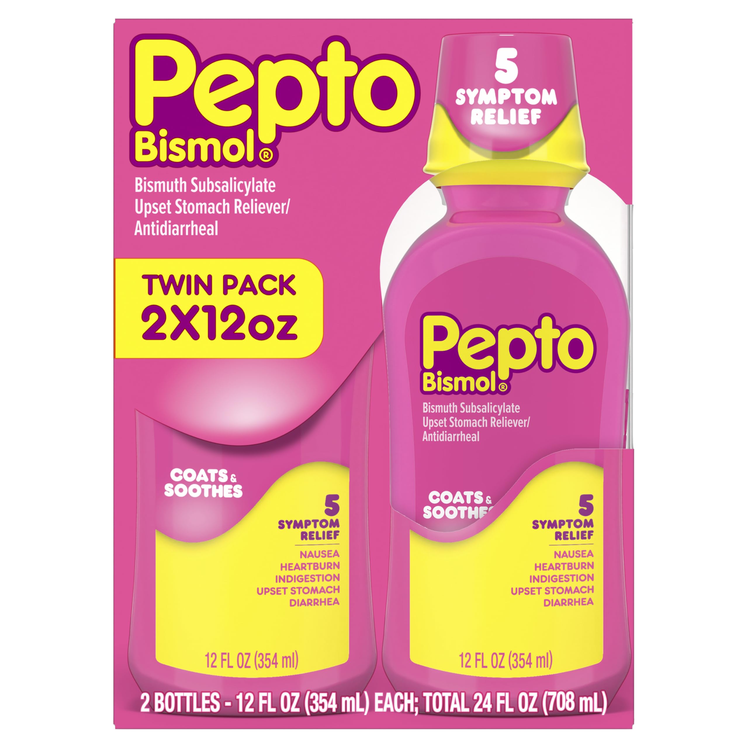 Pepto Bismol Liquid, Upset Stomach Relief, Nausea Relief, Heartburn Relief, Indigestion Relief, Anti Diarrhea Medication for Adults - 5 Symptom Fast Relief, 2x12 oz (Packaging May Vary)