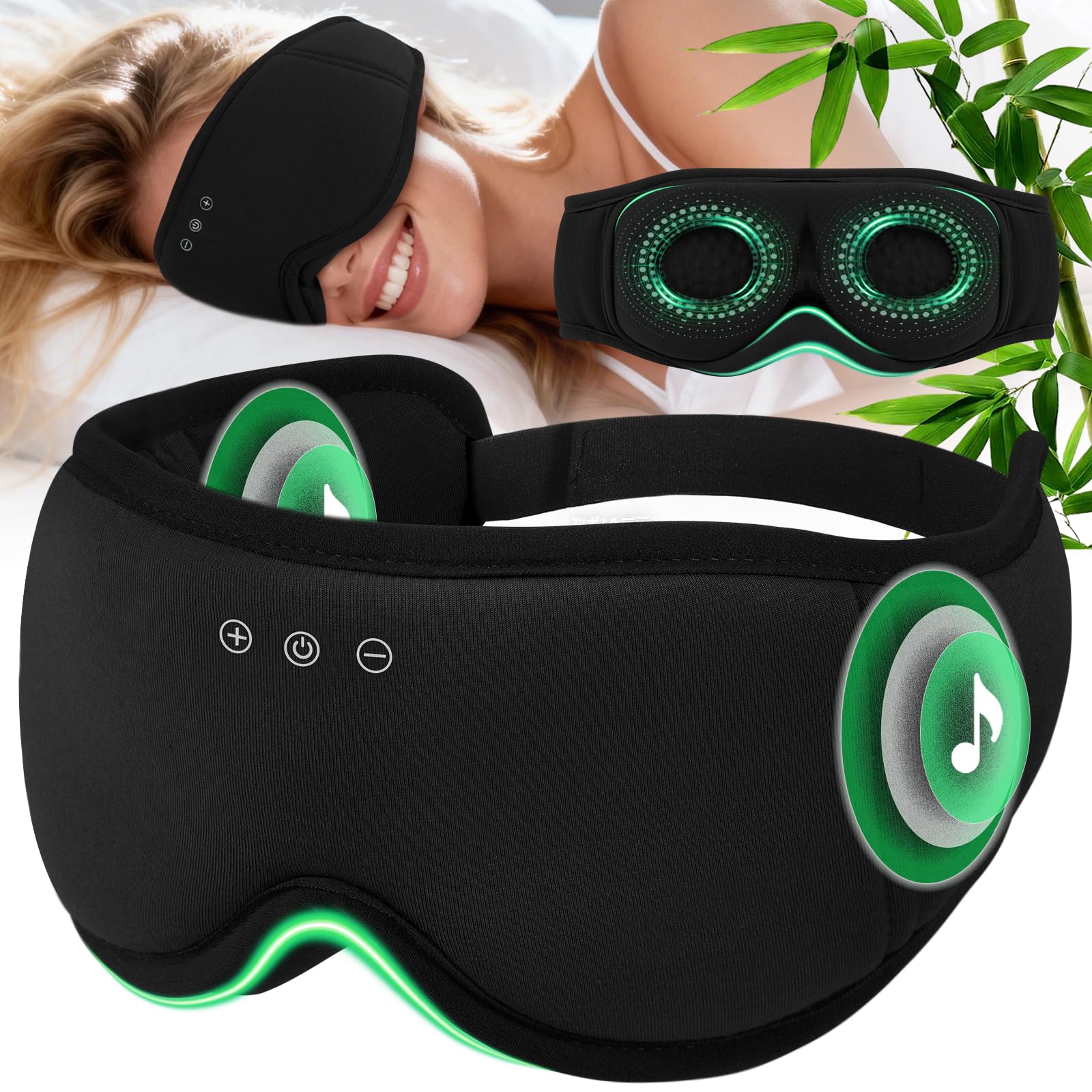 MUSICOZY - Antifaz para dormir con auriculares de algodón de bambú 3D, máscara para dormir con Bluetooth, máscara inalámbrica con auriculares para dormir de lado, presión cero 100 % opacidad ligera