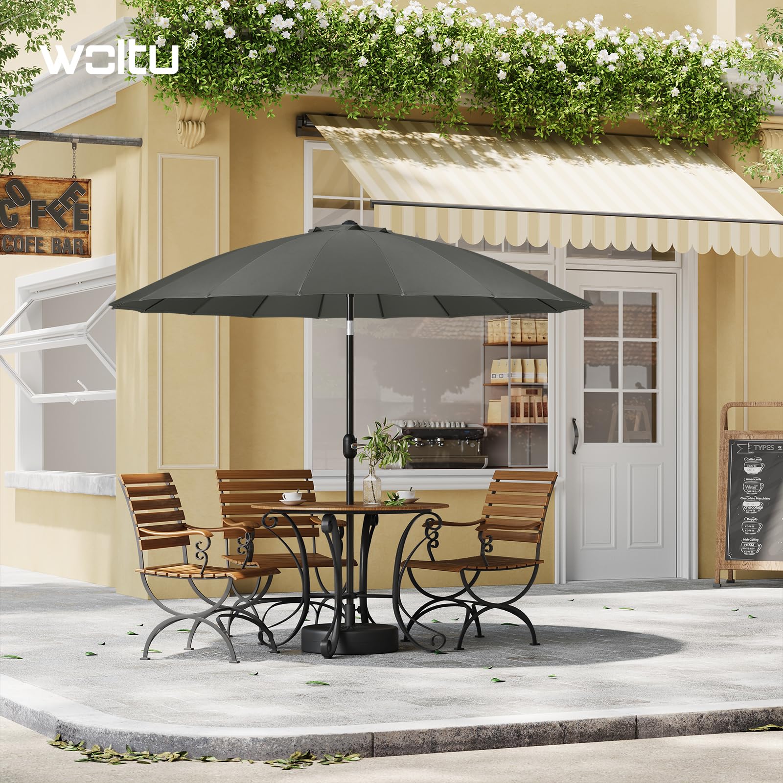 WOLTU Sombrilla de Jardín Grande, Ø257/273 cm, Sombrilla Playa con Manivela, Parasol de Exteriores con 18 Varillas Resistentes, Cortavientos, para Terraza, Patio, Piscina, Gris Oscuro