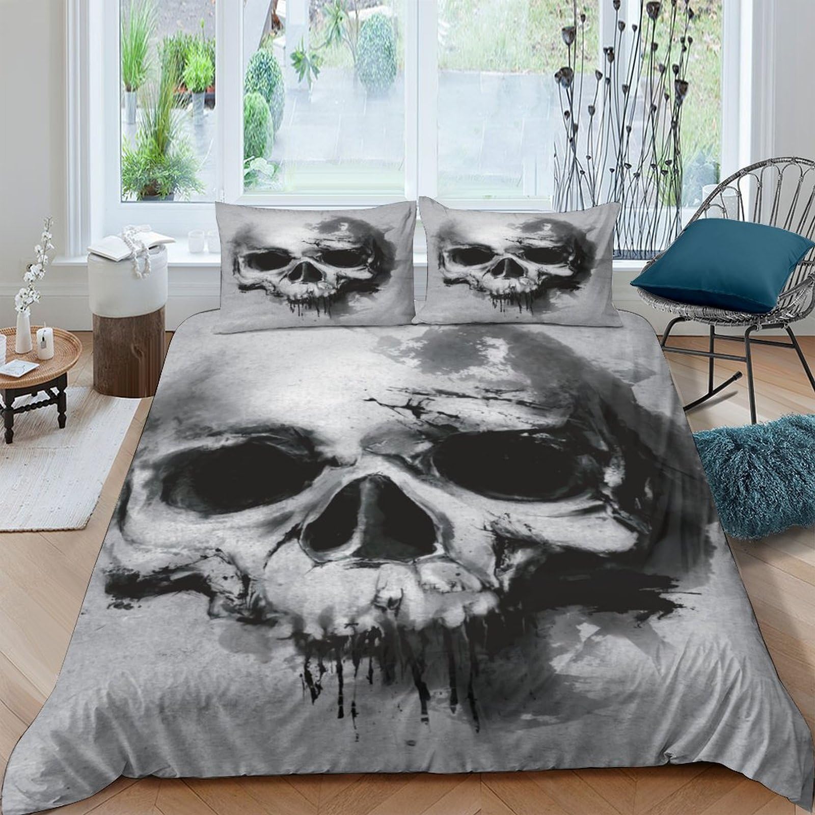 GPLZQXKJNH 3D Printed Skull Black Grey Duvet Cover Microfiber Breathable Gothic Skeleton Bedding Set with 2 Pillowcases for Bedroom Decor Single（135x200cm）