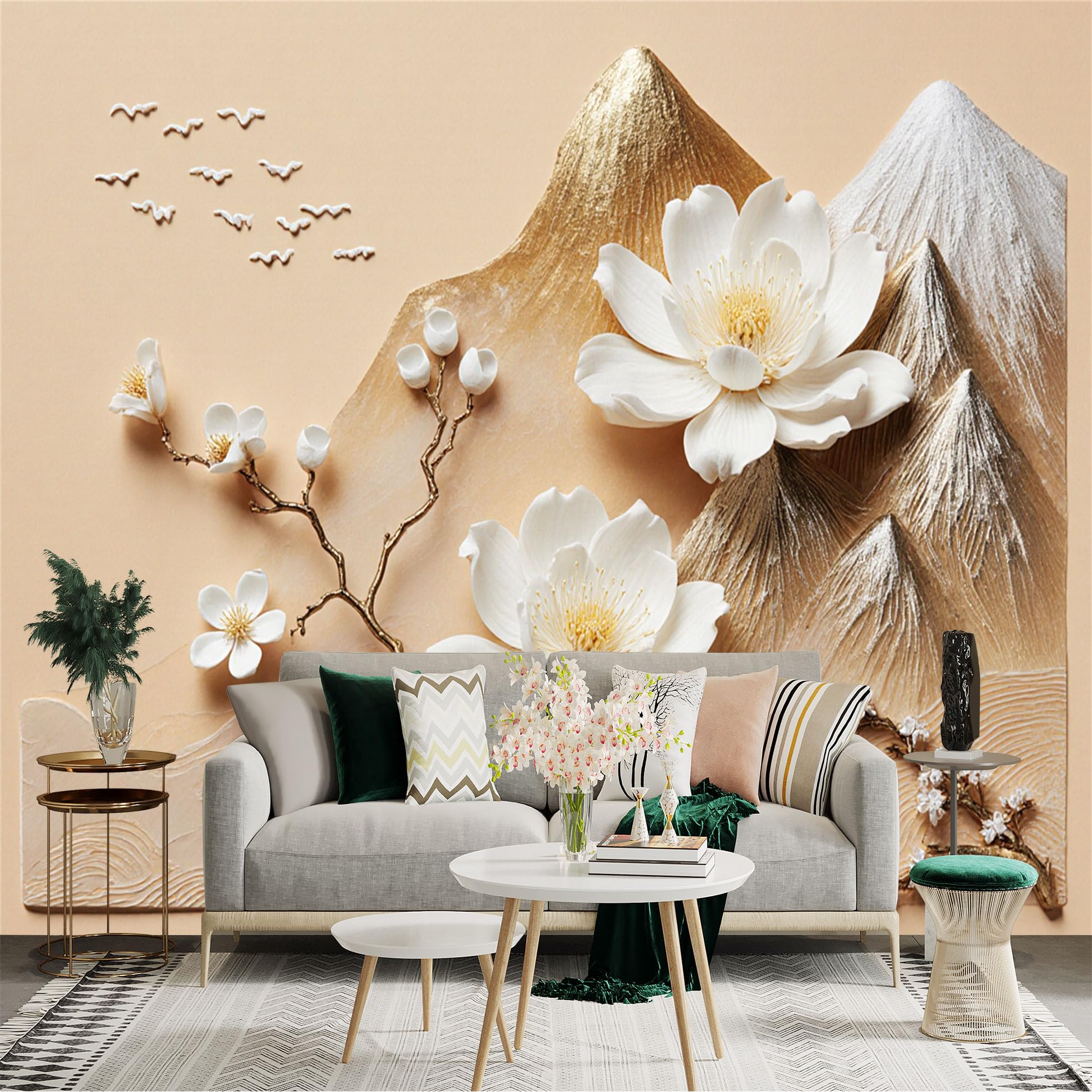 Custom Size Wall Sticker Mural， Elegant White Magnolia Flowers， Golden Mountain Peaks， Abstract Oriental Landscape， for wall Decoration， peelandstick wall Decals.