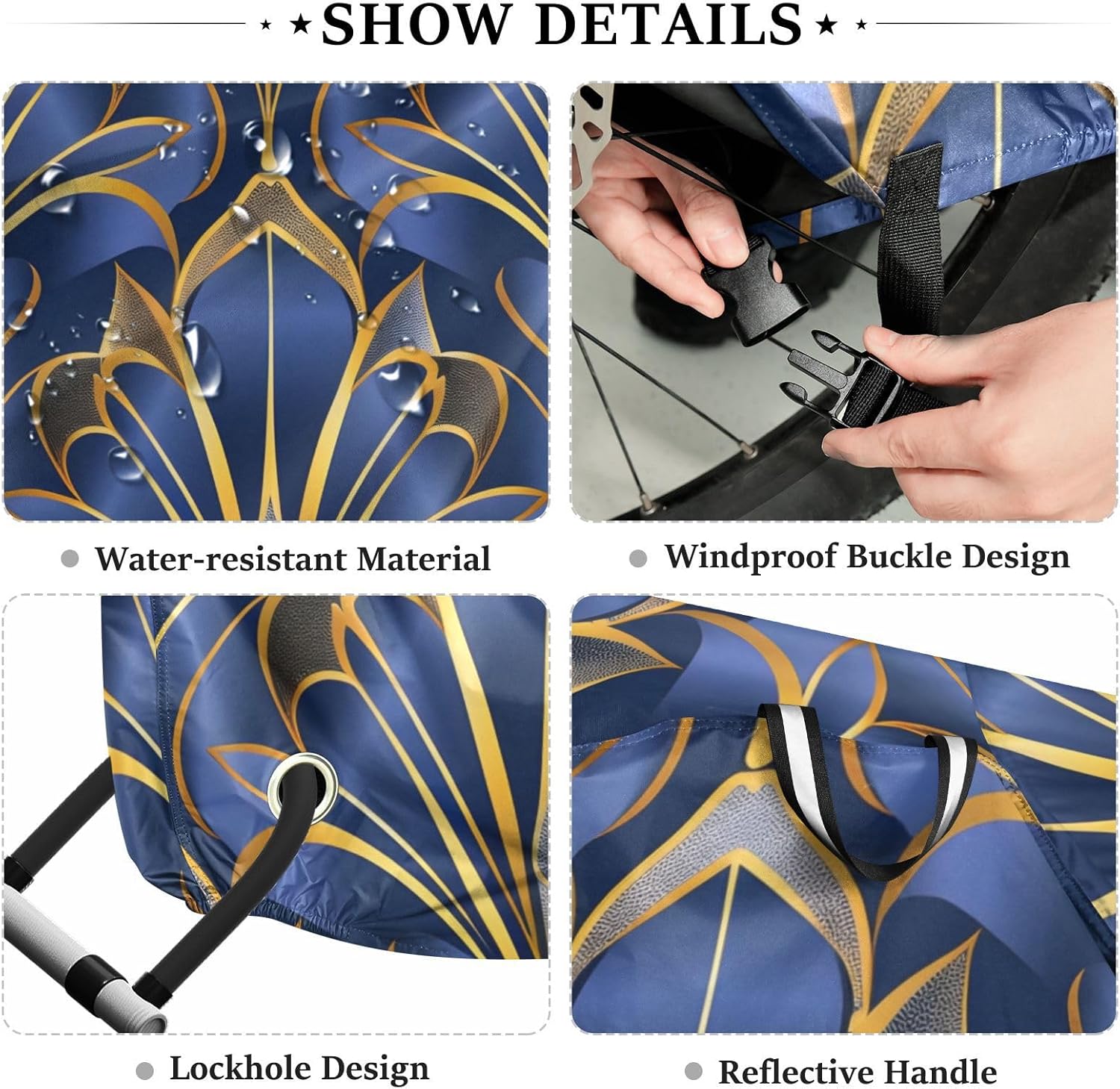 ALAZA Royal Blue & Golden Art Deco Floral Bike Cover Waterproof Outdoor Ebike Bicycle Covers Tarp Protection for 1/2 Bikes, Sun UV Dust Wind Proof