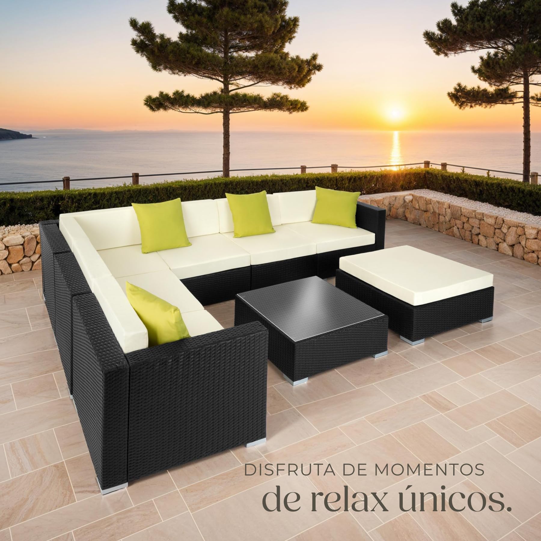 tectake® Conjunto Jardín de Ratán y Aluminio con Cojines (+4 Adicionales), Conjunto Terraza Resistente a la Intemperie y Combinable, Muebles Jardín Exterior 6 Sillones, 1 Puf, 1 Mesa Cristal - Negro