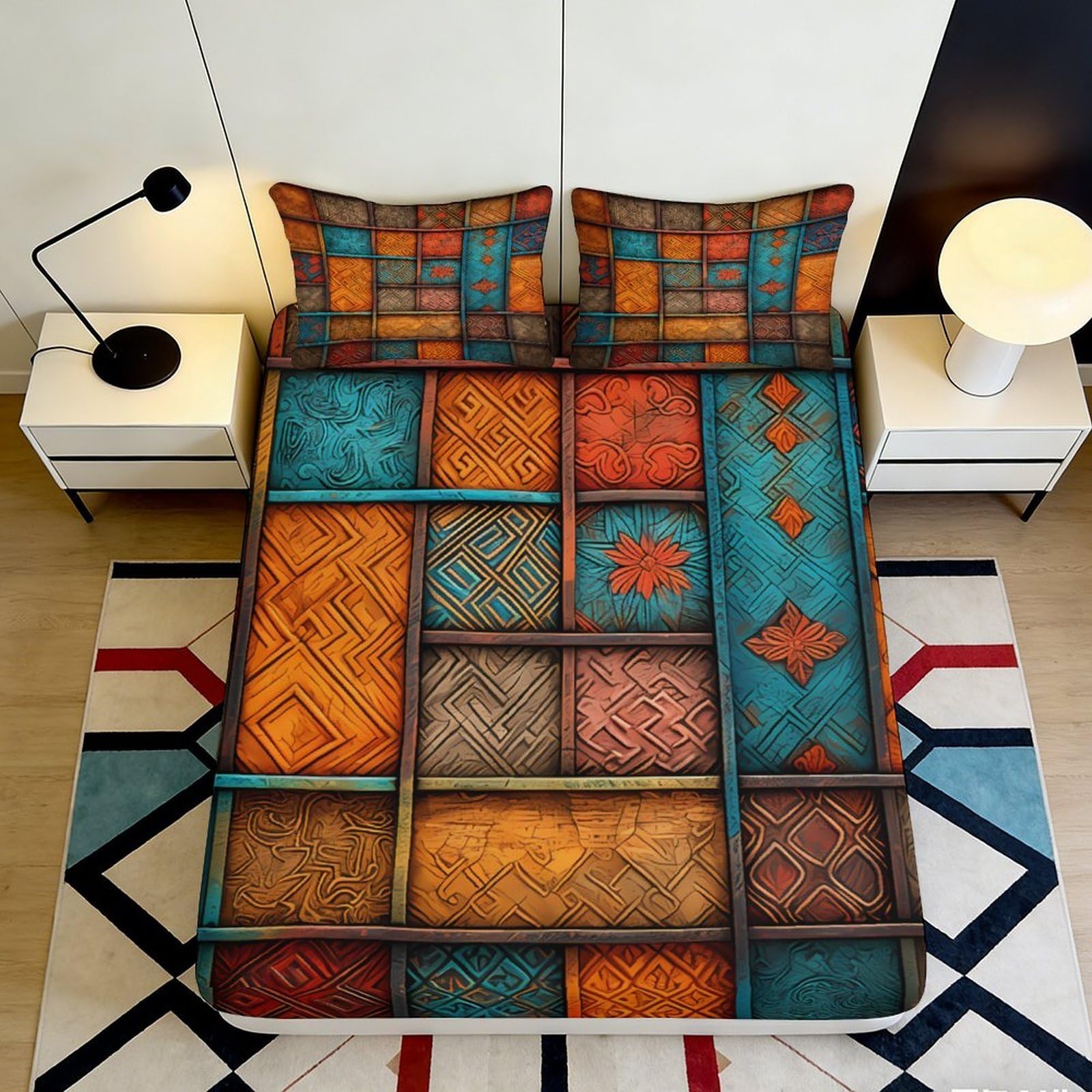 Jqzkxnhpbr Style-9 3D Printed Patchwork Mosaic Fitted Sheet Microfiber Colourful Geometric Mattress Cover Bedroom Decor Anti-Slip Washable 90X200x25cm