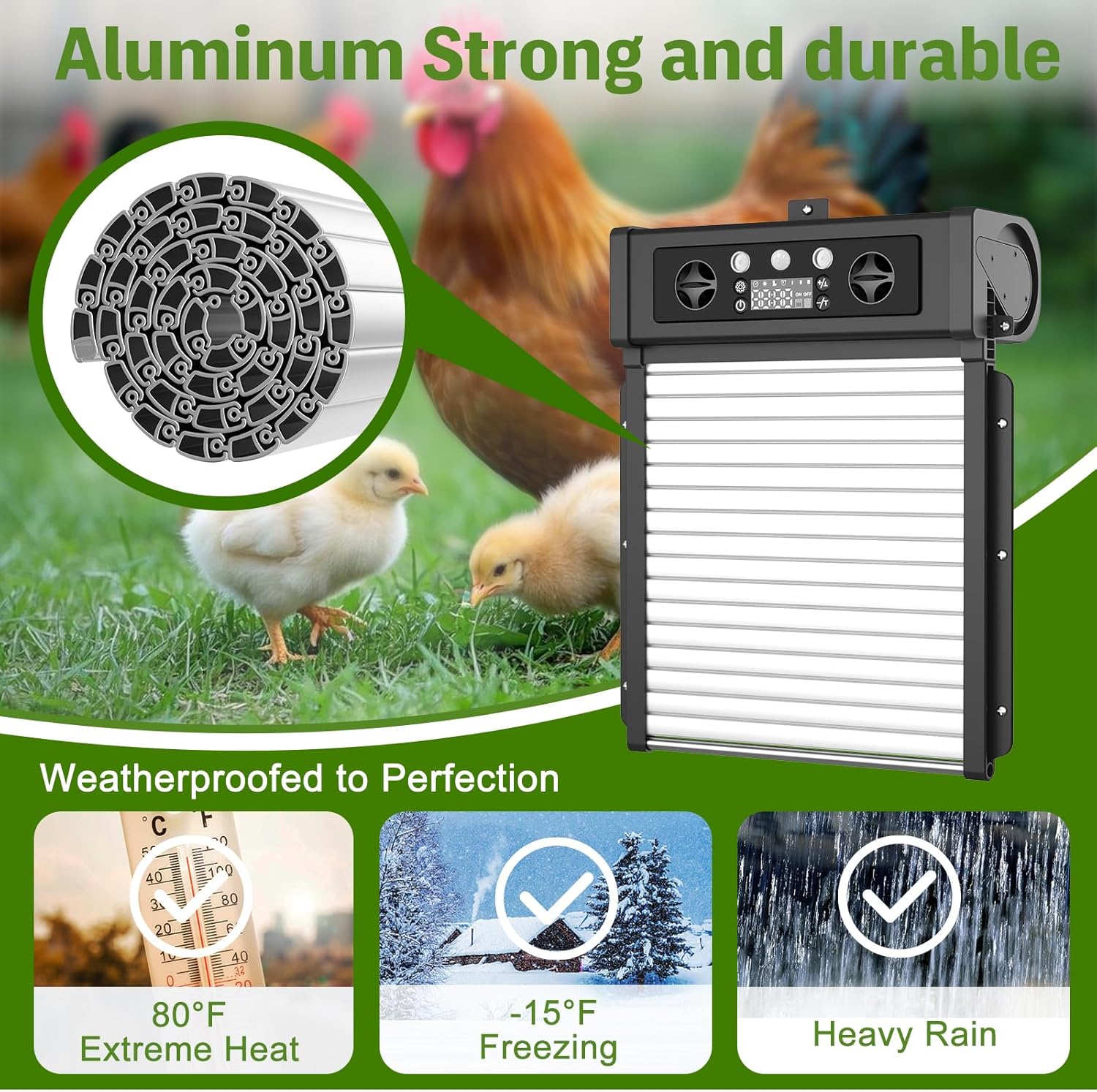 Automatic Chicken Coop Door Solar Powered, LCD Display Chicken Door with Timer & Light Sensor, 4 Modes Auto Chicken Door Solar, Anti-Pinch & Weather Proof Coop Door with Remote Control