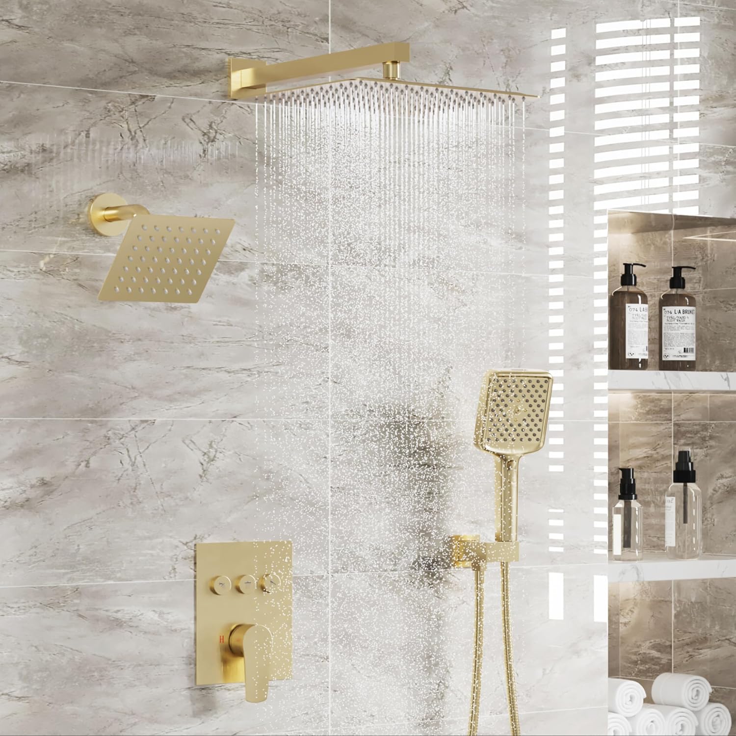 MONDAWE 12 Inch Wall Mounted Brushed Gold Shower System, 3-Function Shower Faucet Set with Rainfall Dual Shower Head and High Pressure 4-Setting Handheld, All Functions Can be Used At the Same Time
