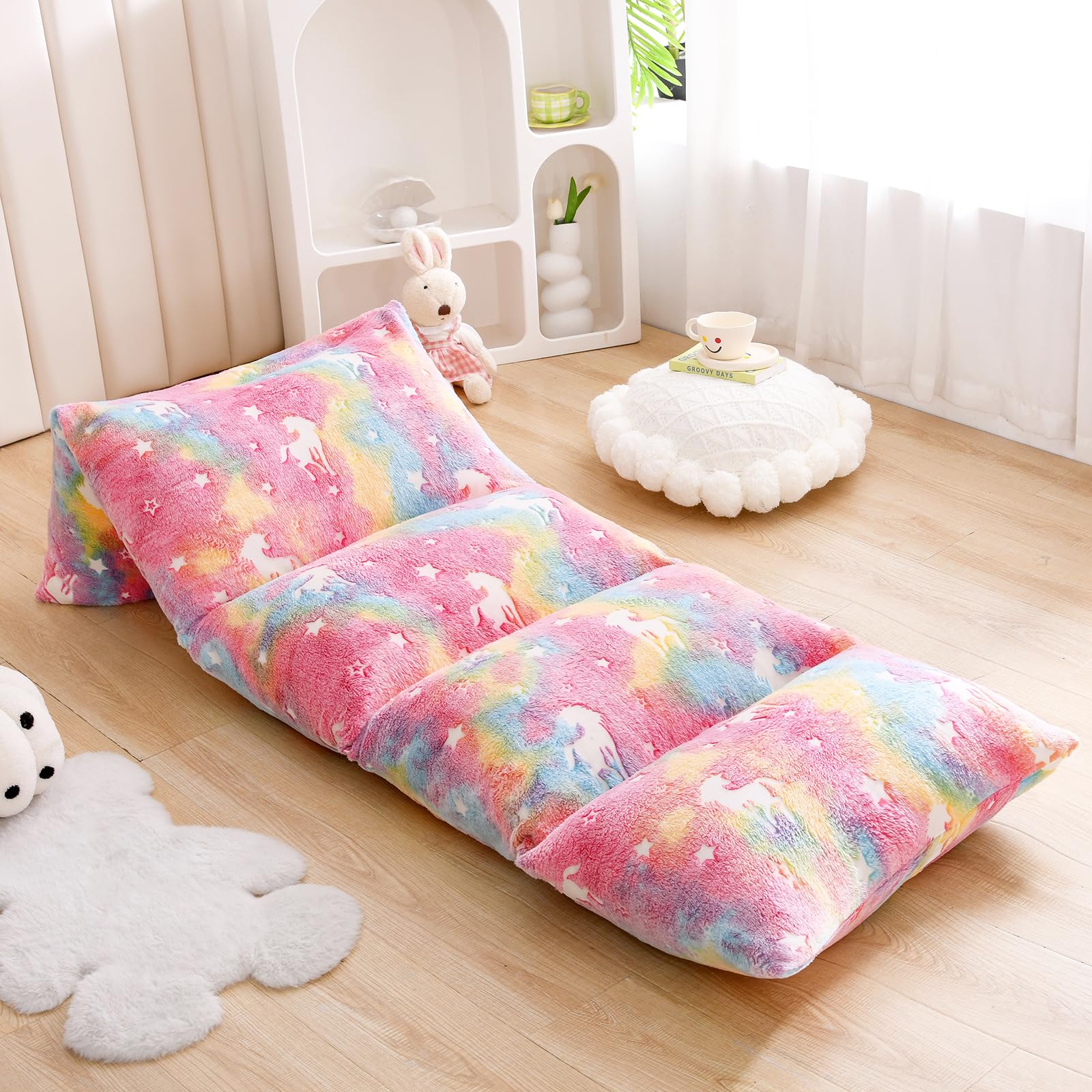 ZIQINPSQ Velvet Floor Pillow Case,Unicorn Glow in The Dark Mattress Bed Lounger Cover,Pillow Bed Floor Lounger Cover,Recliner Floor Pillow for Girls Boys (Pink