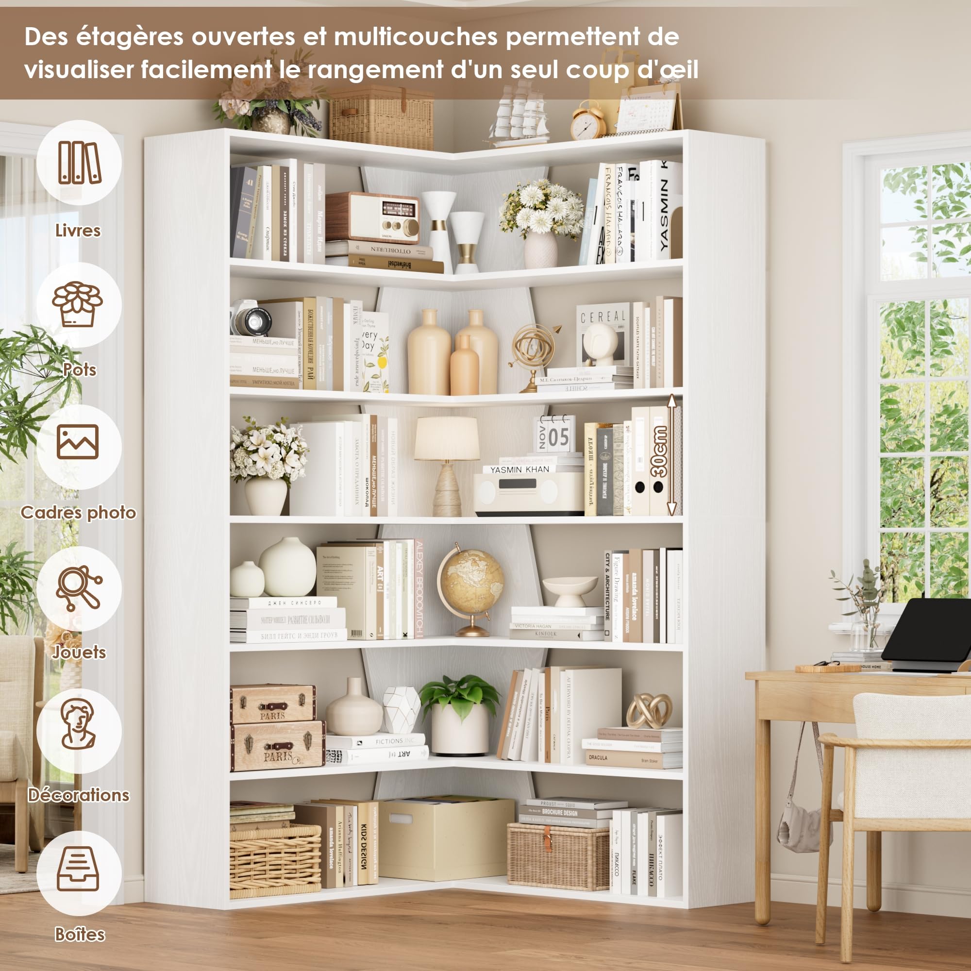 FirFurd Bibliothèque 190cm Bibliotheque d'angle avec 6 Étagères de Rangement Bibliotheque Meuble de Rangement pour Salon Bureau Chambre 90x90x190.5cm Blanc