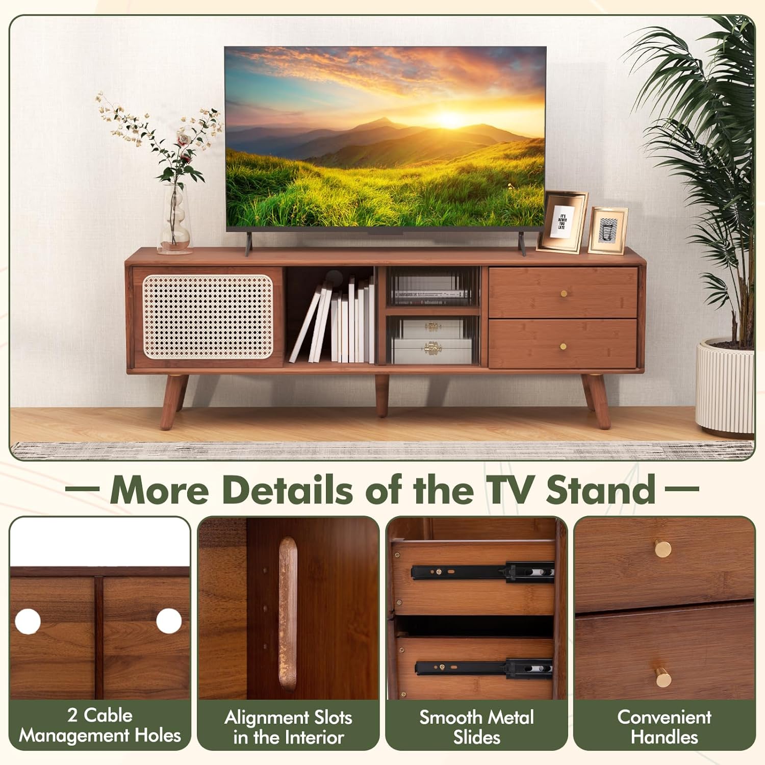 Tangkula Mid Century Modern TV Stand for TVs up to 65", Bamboo Entertainment Center w/Glass & PE Rattan Sliding Doors, 2 Drawers, Adjustable Shelf, Wood Legs, Media Console (Bamboo 2-Walnut)