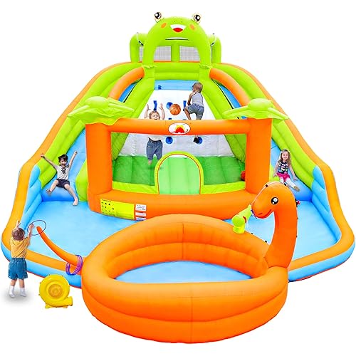 Inflatable Water Double Slides Park with Blower, Bouncy Castle with Water Cannon, Dino Pool, Frog Castle, Climbing Wall, Basketball Hoop, Backyard Water Park for Kids