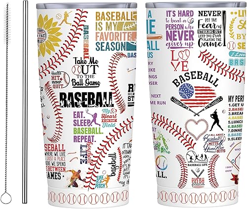Vaso de béisbol con tapa, regalos de cumpleaños para amantes, taza de café al vacío de acero inoxidable para mujeres y hombres, 20 onzas