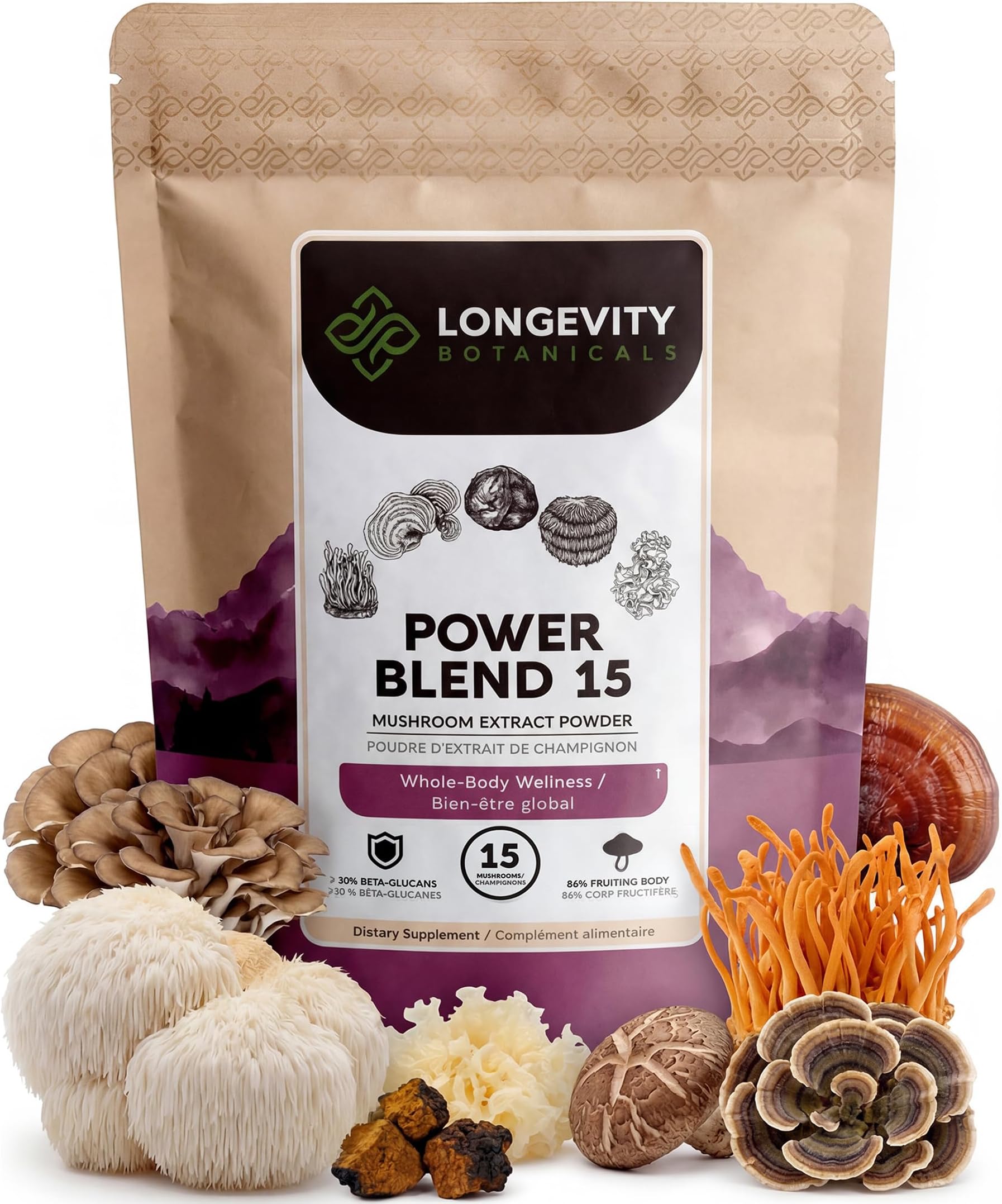 Power 15 Mushroom Blend Powder Supplement Extract 100g | Shiitake, Lion's Mane, Chaga, Reishi, Cordyceps, Tremella Full-Spectrum Complex | Fruiting Body | ≥30% Beta-D-Glucans | Daily Wellness