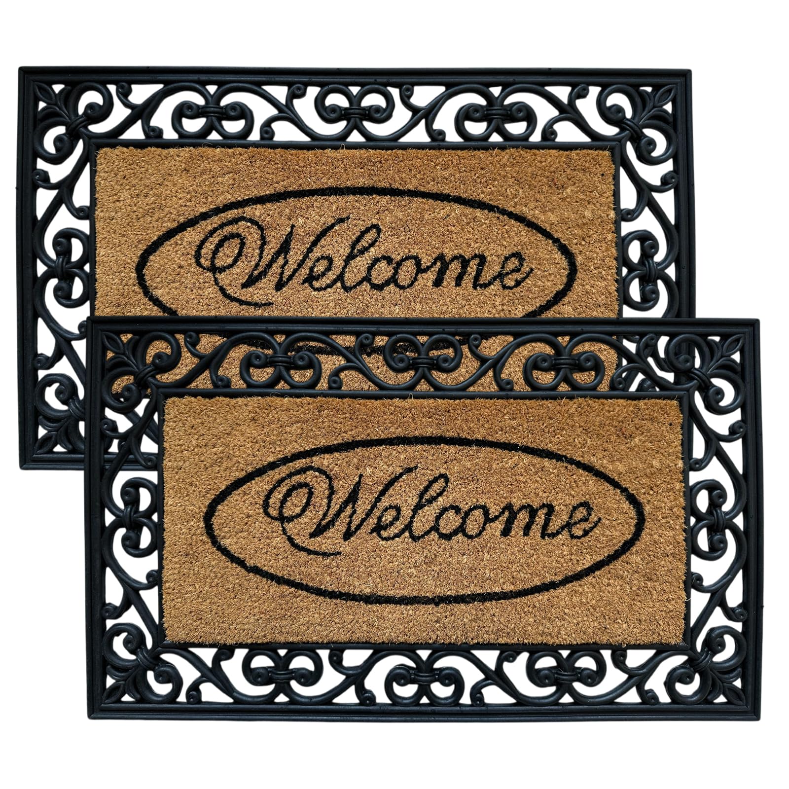 EDS Welcome Coir Door Mat Heavy Duty Non Slip Indoor Outdoor Mat Machine Washable Doormat & Shoe Scraper Removes Grass Mud & Dirt Perfect for Front Door Patio & Entrance (PACK OF 2, 45 x 75 cm)