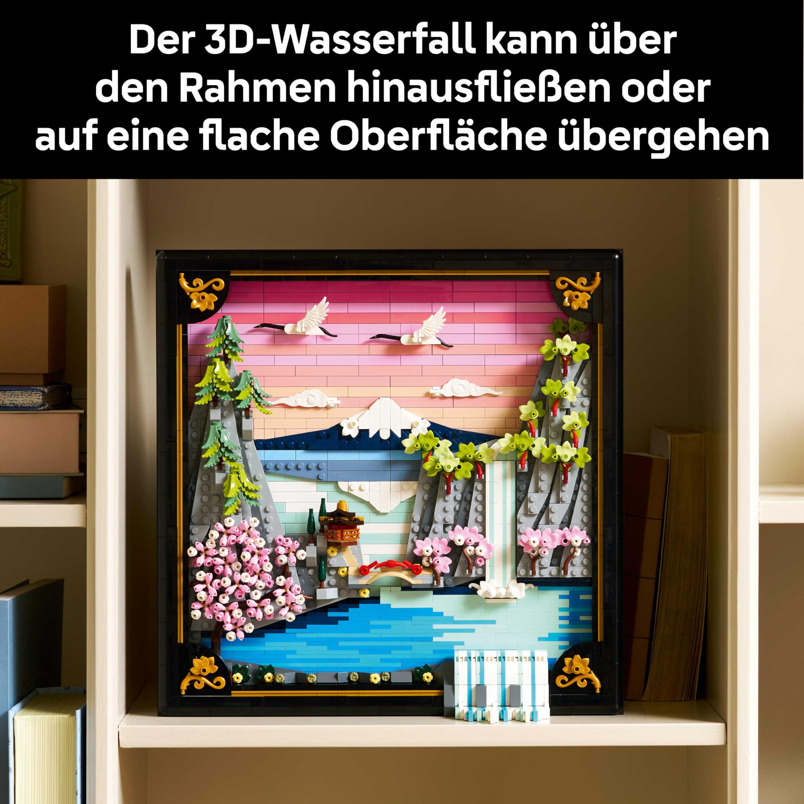 LEGO Art Japanische Kirschblütenlandschaft - DIY Set - Bauset für Erwachsene - 3D Wandkunst im Rahmen mit dem Fuji-Berg, Sakura (Kirschblüten) und Wasserfall - Geschenk für Männer und Frauen - 31218