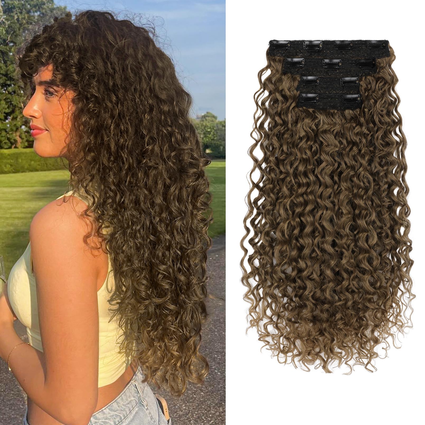 Photo 1 of Flufymooz Clip in Hair Extensions, 4PC 100? Pure Protein Silk Hair Extensions Long Soft Natural Hairpiece 20 Inch Curly Hair Extension for Women-Medium Brown to Light Brown