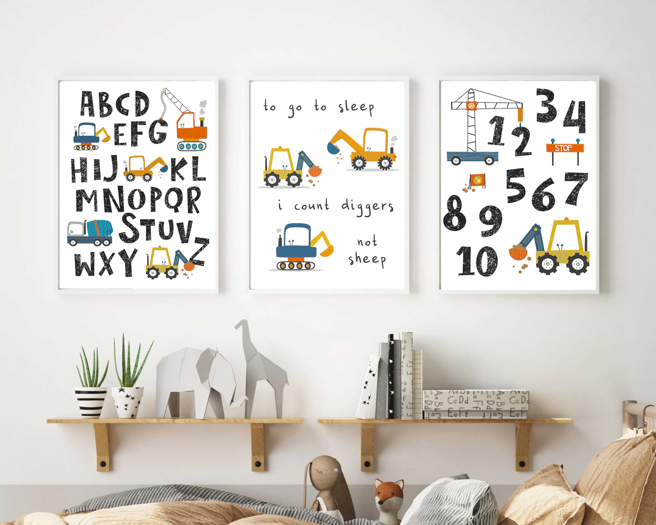 Set of 3 Boys Bedroom Nursery prints Diggers prints ABC 123 Childrens kids Nursery wall art home decor (A3)