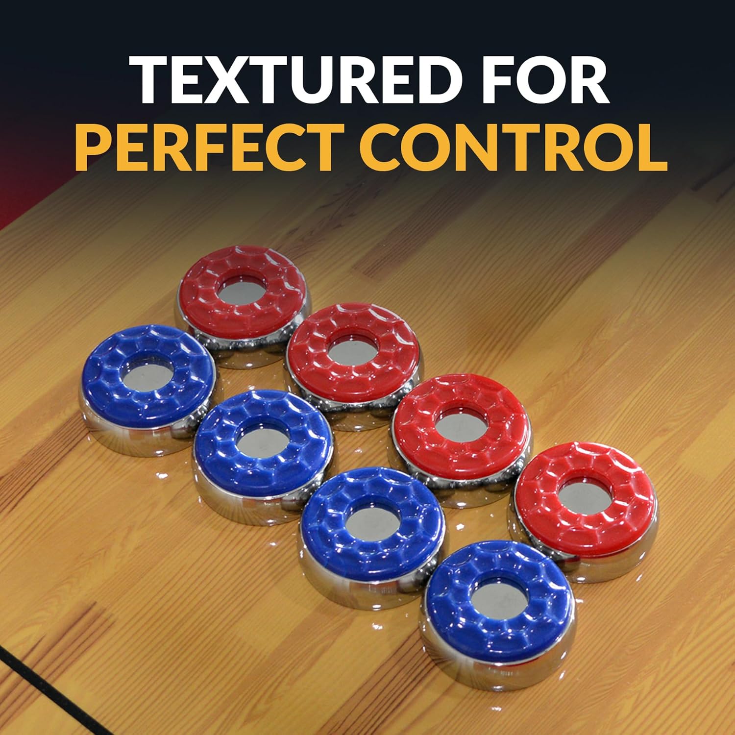 Hathaway Shuffleboard Pucks Set of 8 – Regulation Sized Shuffleboard Discs with Dimpled Top for Easy Grip & Beveled Edge for Better Control, & Sturdy Dark Cherry Wooden Case – Shuffleboard Accessories