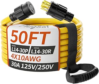 50FT 30 Amp Generator Extension Cord, 4 Prong, NEMA L14-30P/L14-30R, Heavy Duty, Weatherproof, Yellow