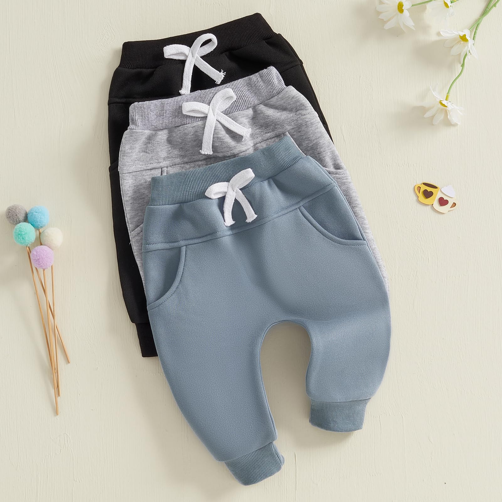 Baby Boys' 3-Pack Pull-on Jogger Pants Classic Fit Elastic Waist Kids Toddler Pants Multipacks Long Pants (Black Gray Blue, 0-6 Months)