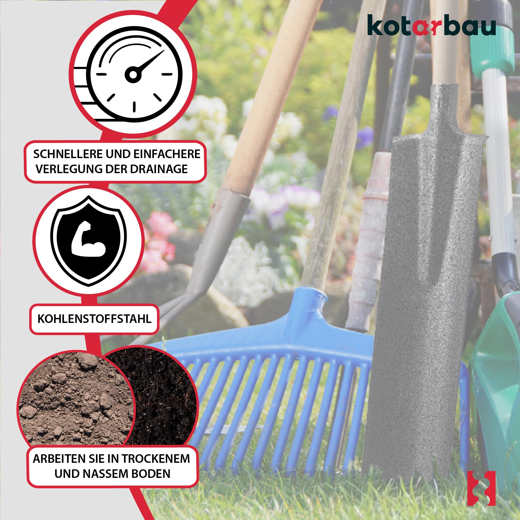 KOTARBAU® Palote rectangular de acero al carbono, 510 x 115 mm, Palote con mango muleta, Pala rectangular con mango de madera, Pala de jardinería, Pala de hoja larga y estrecha, Pala de drenaje, zanja