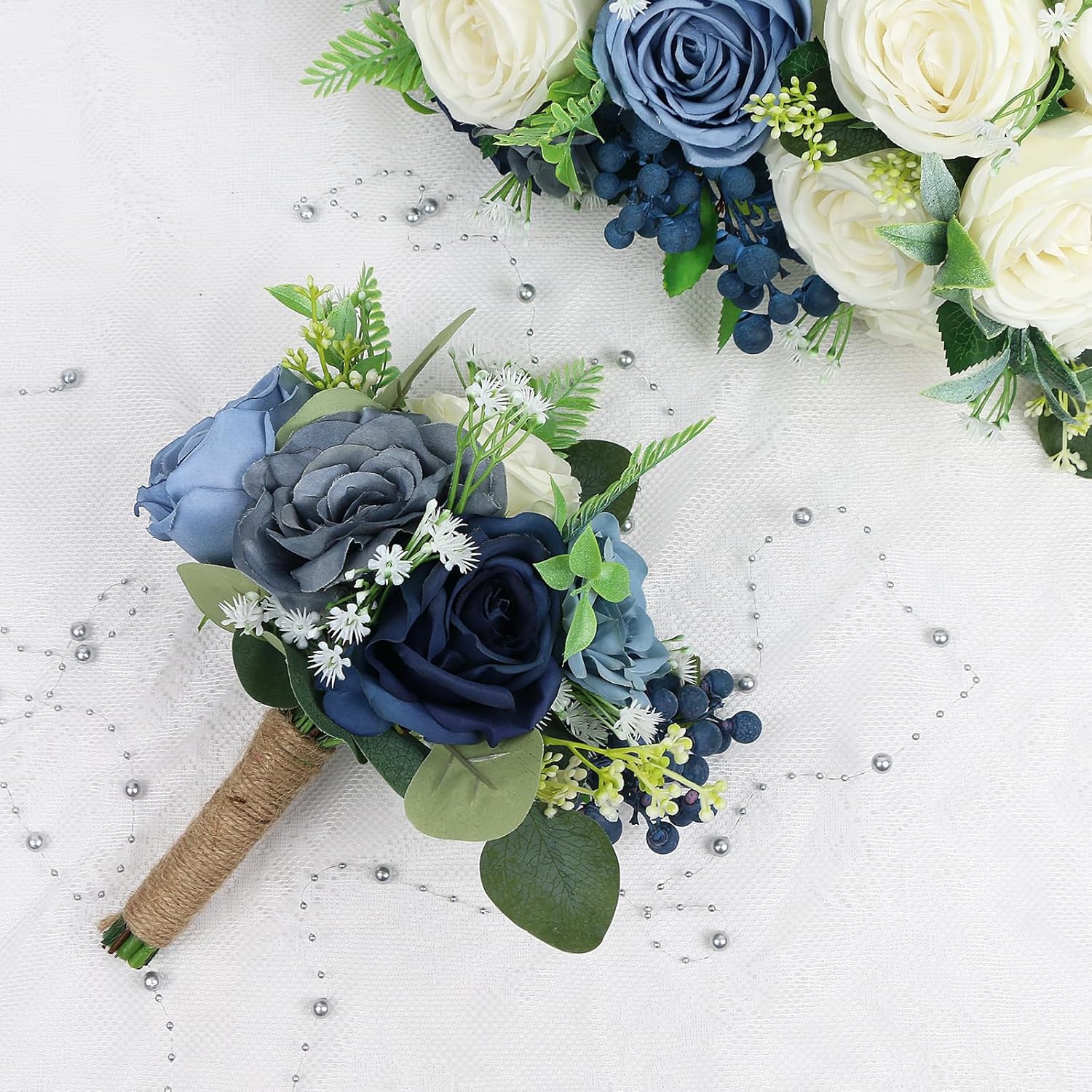 Set of 6 Bridesmaid Bouquets for Wedding - 7 Inch Artificial Flowers Bouquets for Ceremony Anniversary Centerpieces Decorations - Navy Blue and White - Image 4