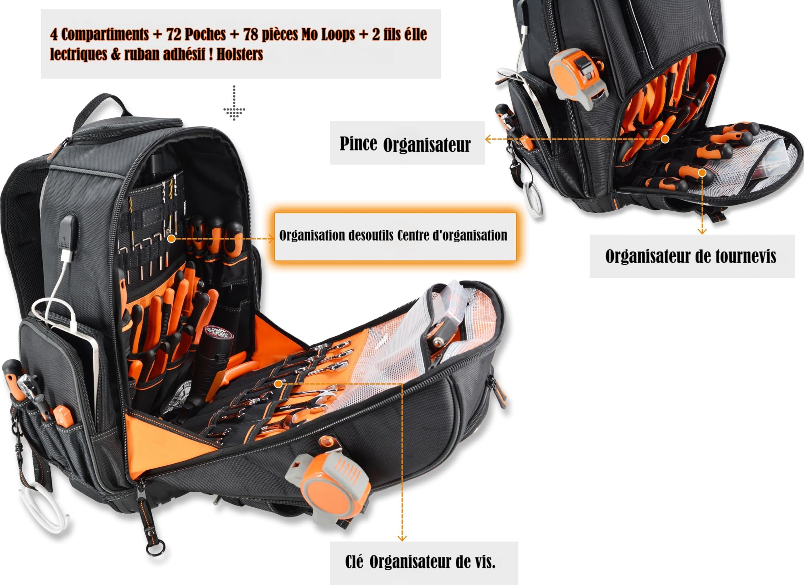 WELKINLAND Sac à dos à roulettes 72 poches, grand sac à outils avec roulettes, sac d'électricien roulant avec roues pour homme