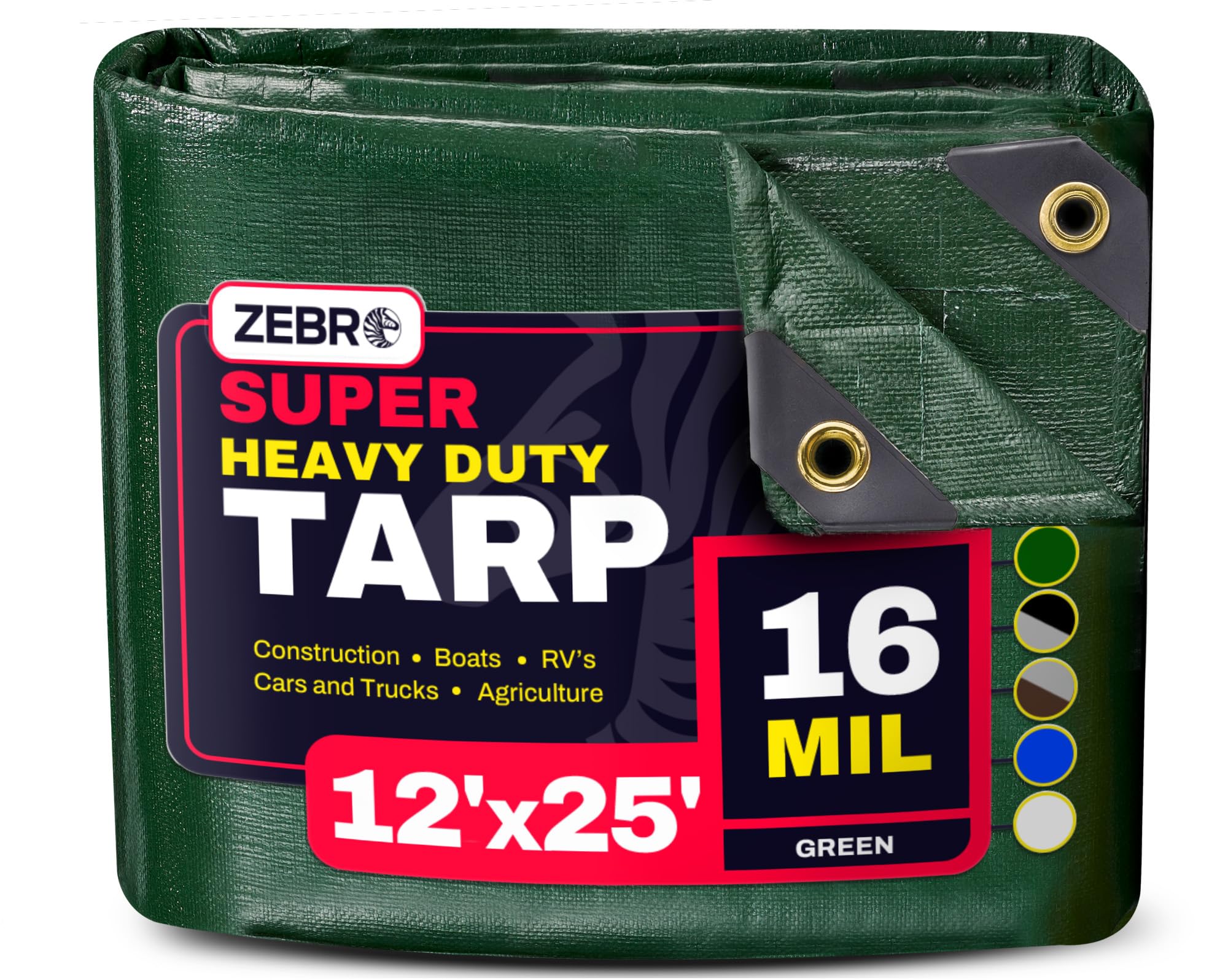 12' x 25' Green Heavy Duty Tarp with Grommets Reinforced - 16 Mil Thick - Double Sided Plastic Tarps Waterproof - Large Tarpaulin Cover for Outdoor