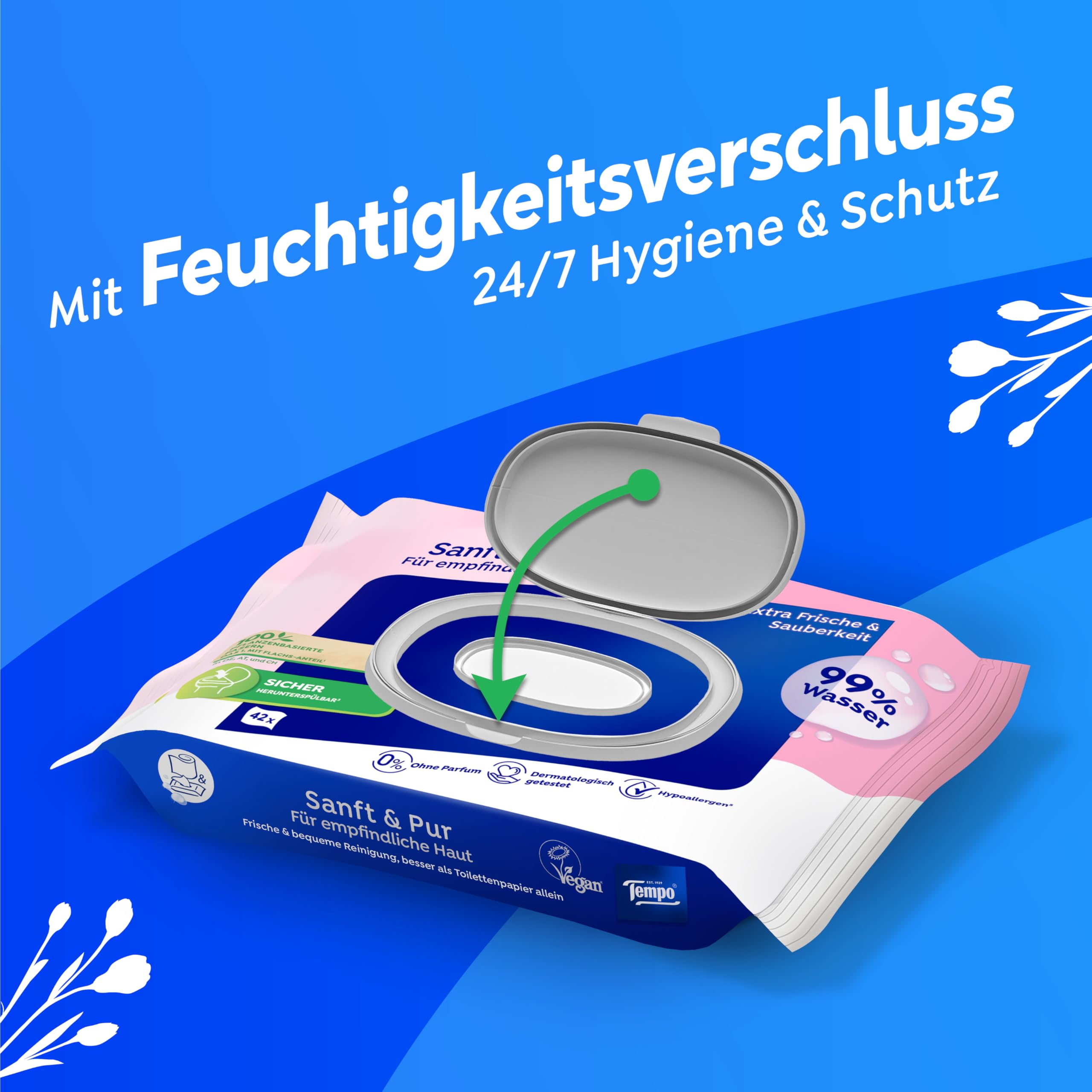 Tempo Feuchte Toilettentücher "Sanft & Pur" - Megapack - 16 Packungen mit je 42 Tüchern - Duo Packs - feuchtes Toilettenpapier, dermatologisch getestet und pH-hautneutral