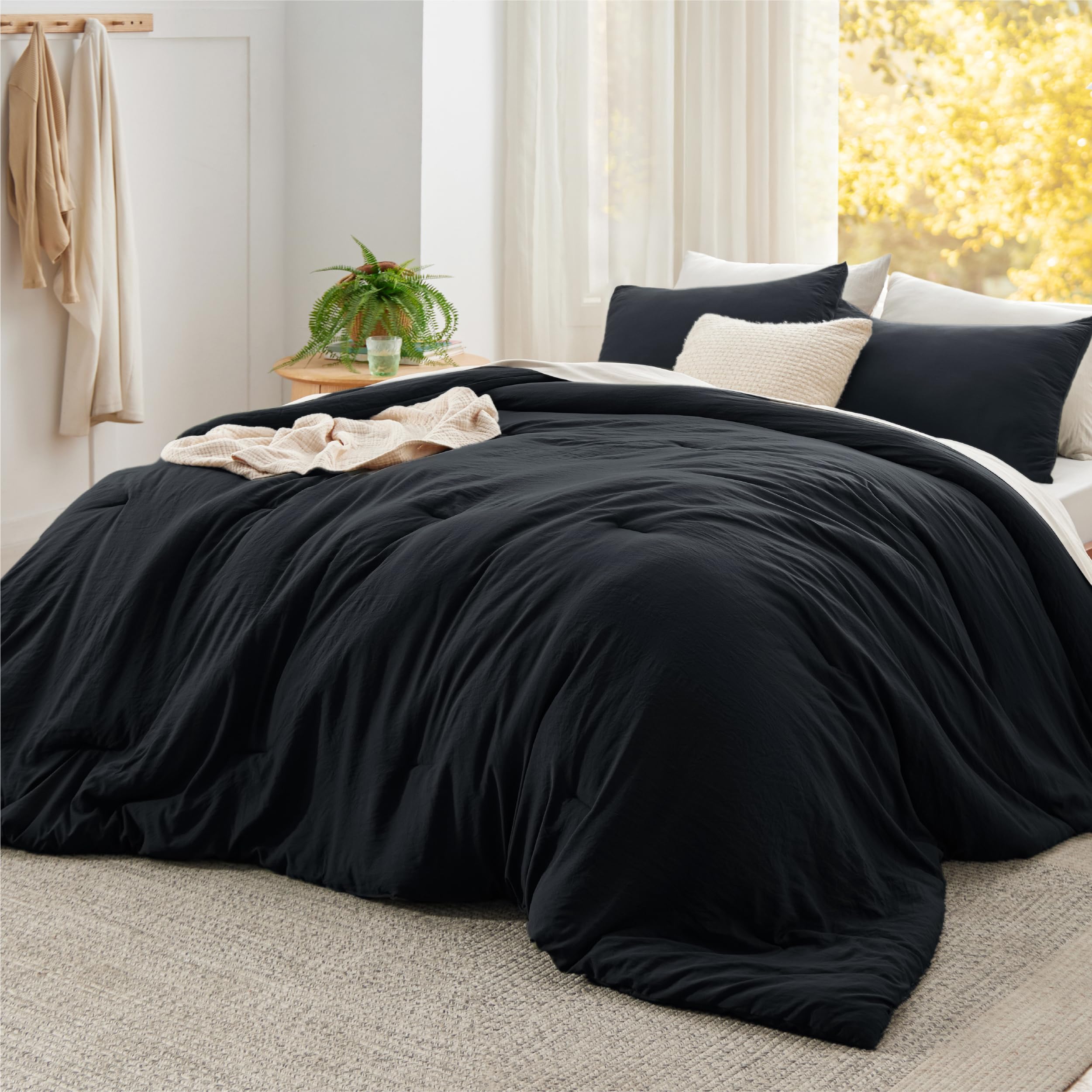 Bedsure Super King Plus Size Comforter Set, Black Soft Prewashed Bedding for All Seasons, 3 Pieces GentleSoft™ Bed Set, 1 Lightweight Comforter (128"x120") and 2 Pillowcases (20"x36")