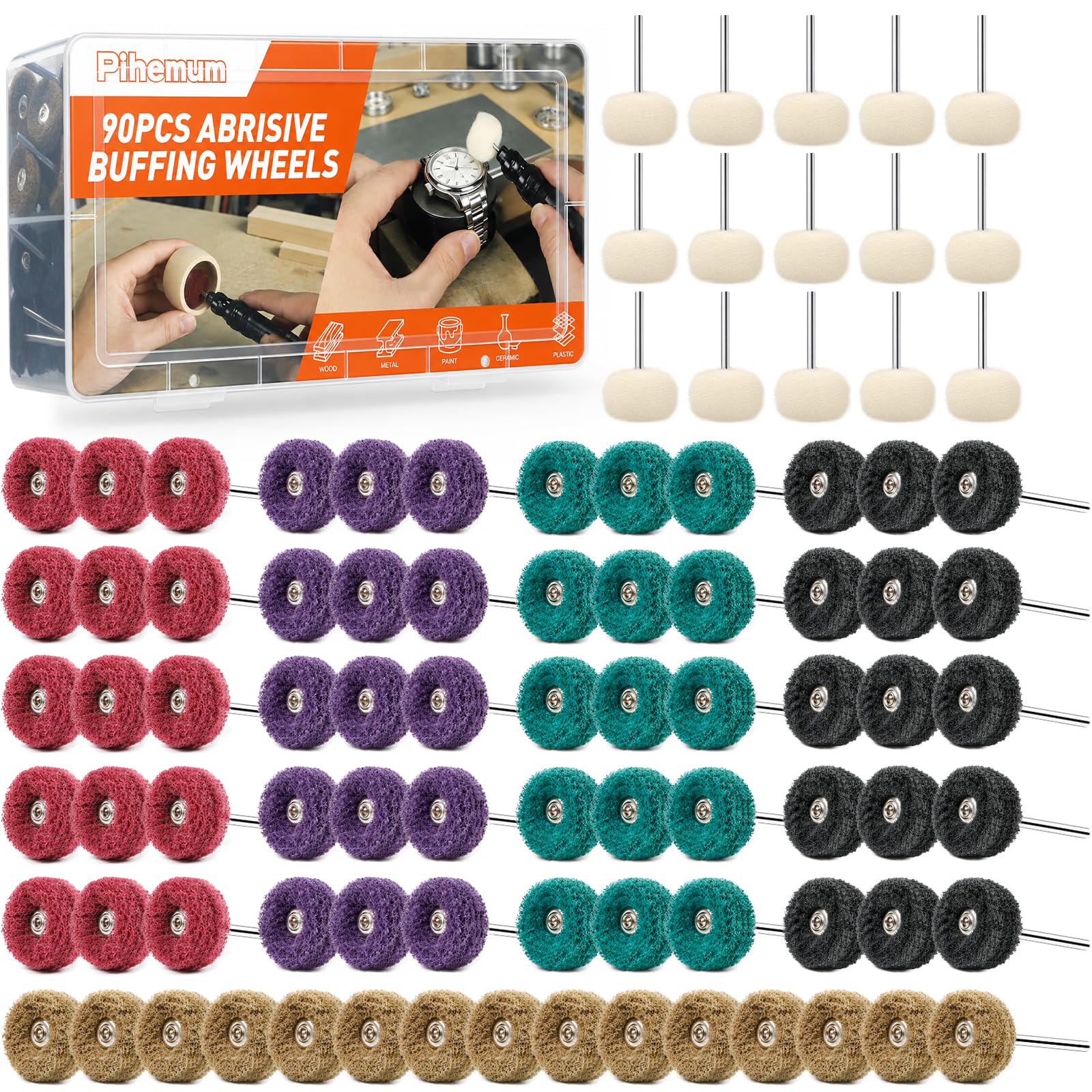 90 Stück 25 mm Schleifscheiben & Wollfilz Polierscheiben Set für Dremel – 3 mm (1/8") Schaft, inkl. 15 Wollfilz Polierscheiben, zum Schleifen und Polieren von Metall, Holz, Radnaben