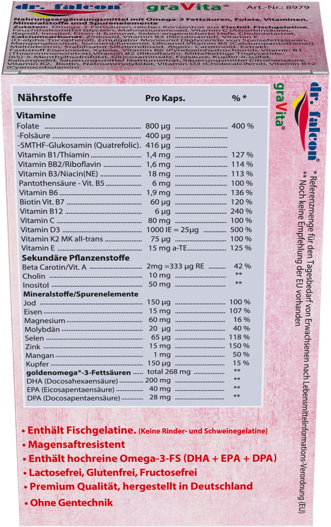graVita – 25 Nährstoffe für Kinderwunsch, Schwangerschaft und Stillzeit - 30 Kapseln | enthält Folsäure, Quatrefolic, Omega-3, DHA, Vitamin D3 + K2, Jod, Eisen, Selen