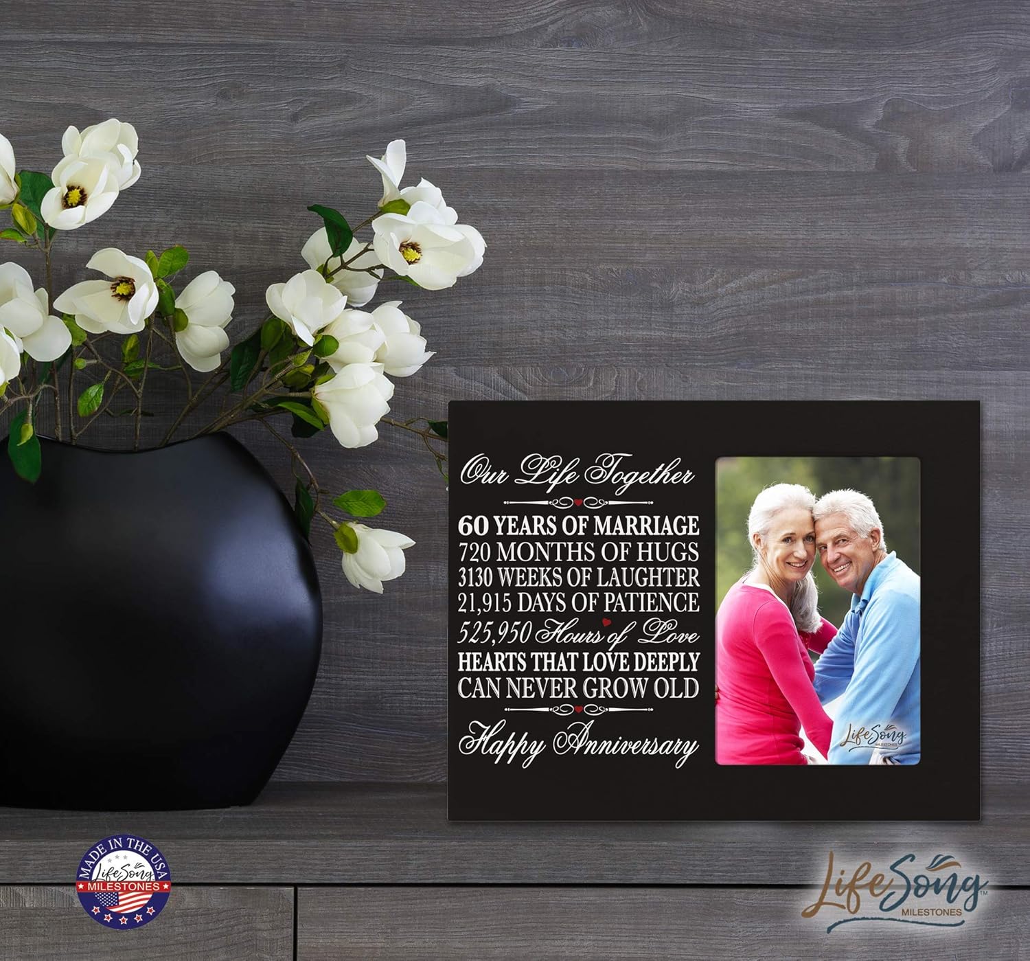 60th Anniversary Picture Frame and Floral Rope Sign Bundle Our Life Together