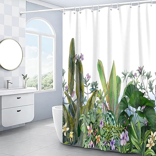 Miniatura 2 de Cortina de ducha con diseño de plantas tropicales, juego de cortinas de ducha botánicas de hojas verdes, cortinas de ducha Monstera Jungle para