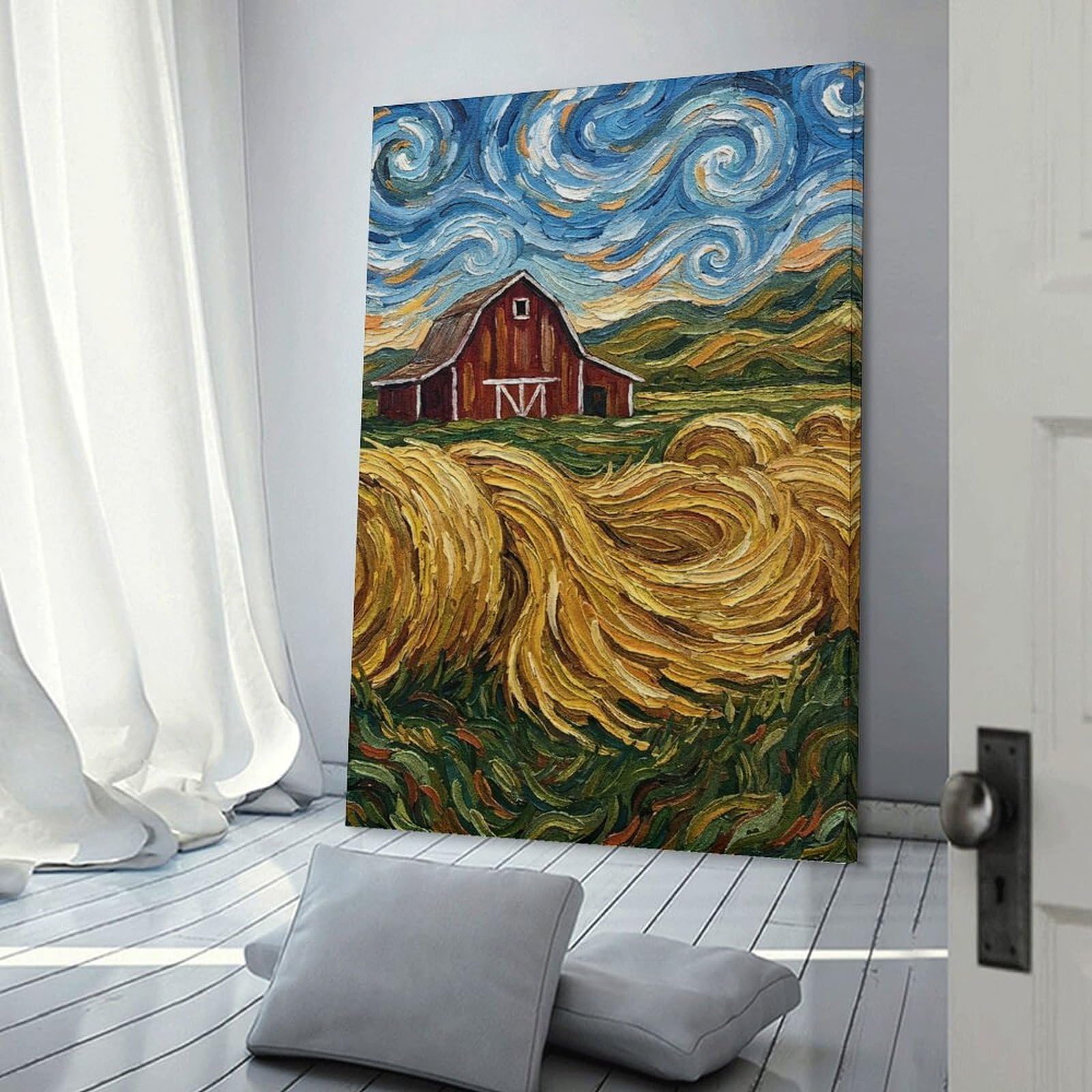 Junmoney Impressionistic Barn And Hay Bales Painting Wall Decor Canvas Print, 24x36inch(60x90cm), for Home Lounge, Bedroom Or Reading Nook, Decorative Artwork for Empty Walls