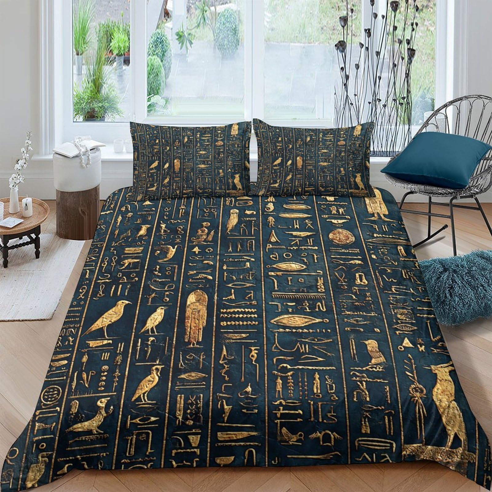 Ctjqhvkz Style-3 3D Printed Egyptian Hieroglyph Fitted Sheet Microfiber Gold Black Art Bed Cover For Bedroom Dorm Mattress Protection Single（135X200cm）
