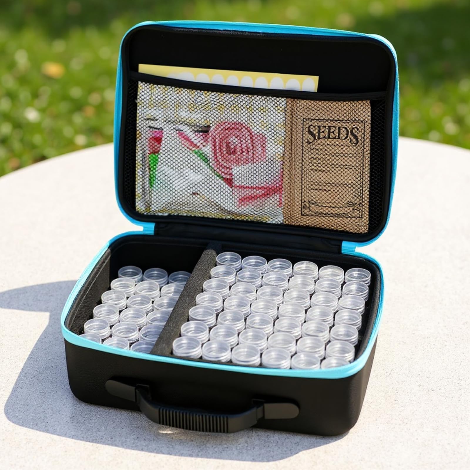 PONDON Scatola organizer per semi, con 140 scomparti, con custodia in EVA, 140 contenitori, 20 buste, etichette, imbuto e accessori da giardino, per verdure, frutta e semi di fiori