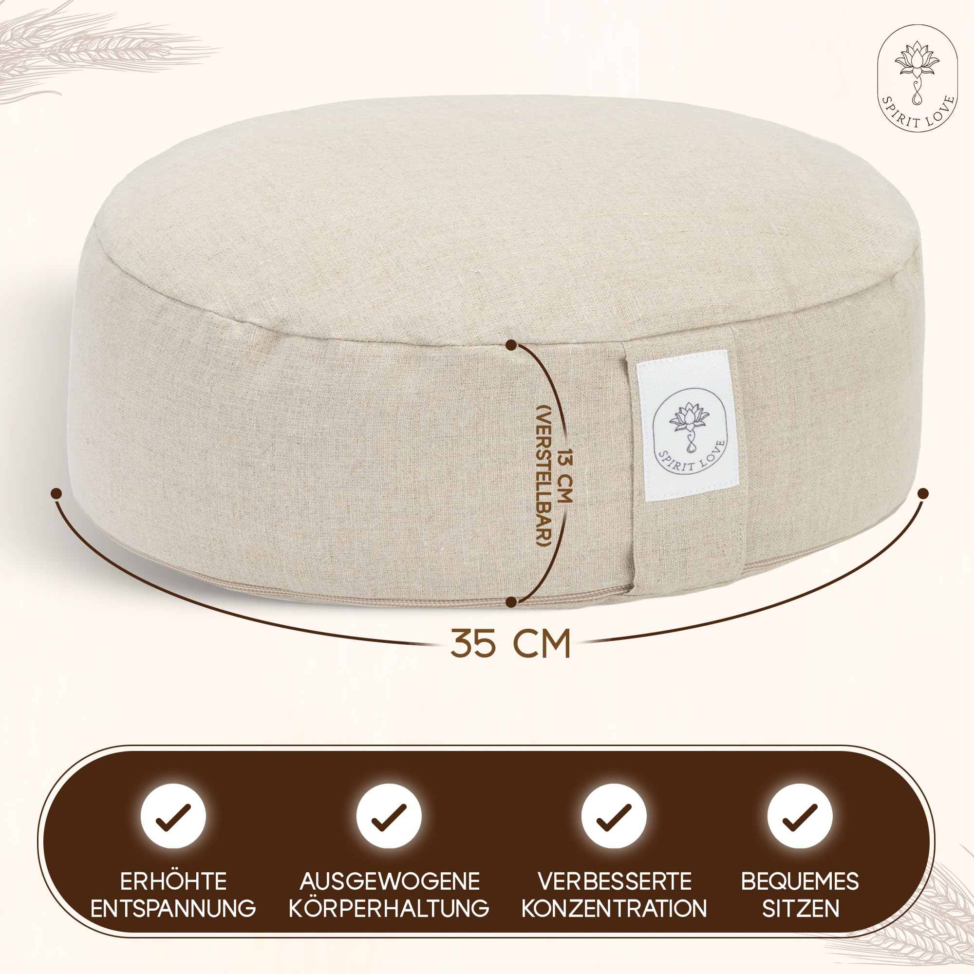Spirit Love Leinen Yogakissen mit Bio-Buchweizenschalen | Meditationskissen | Anpassbare Füllung mit waschbarem Bezug | Sitzkissen Perfekt für bequemes und sanftes Yoga | 100% Natürlich - M 35x13cm…