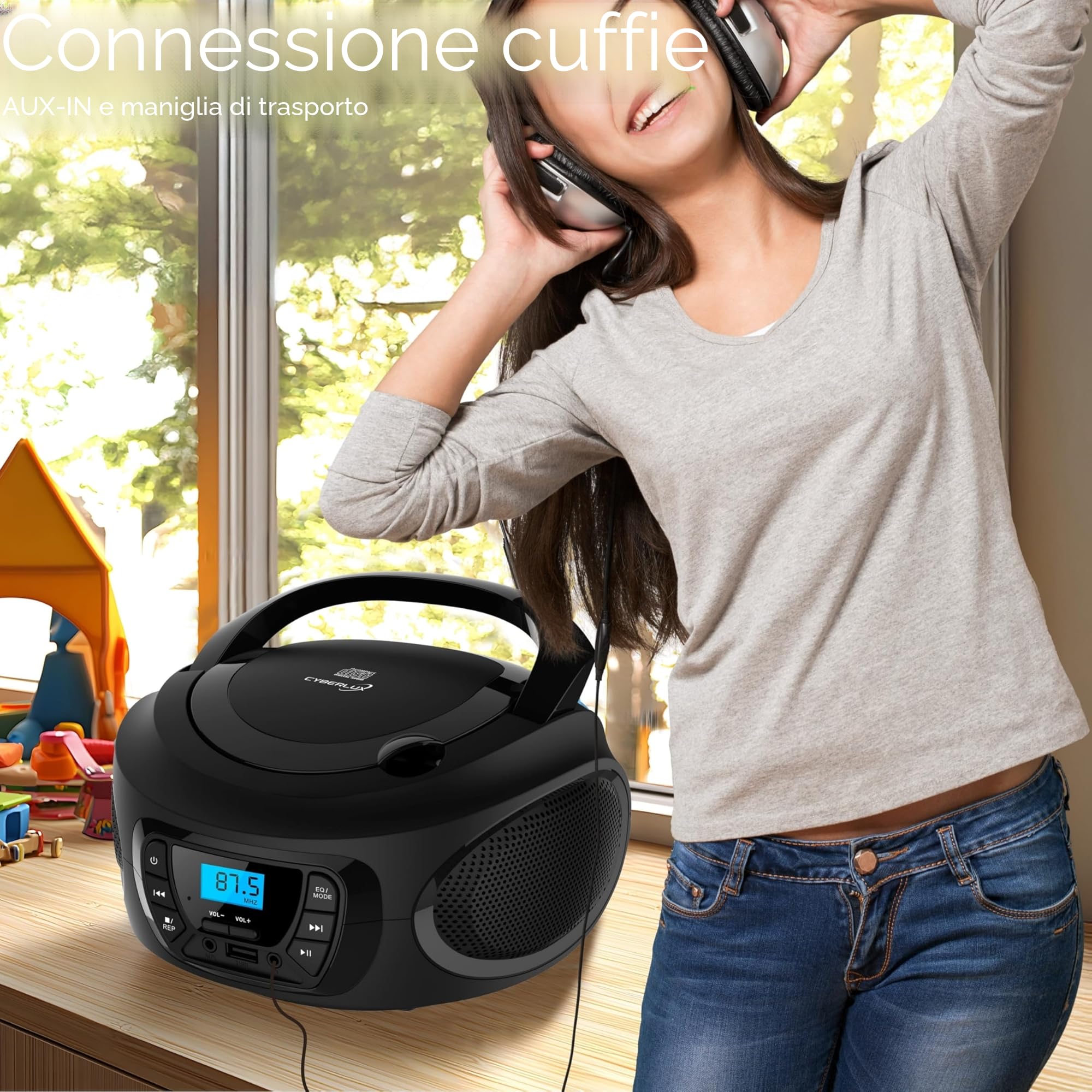 Boombox lettore portable CD/CD-R - USB - FM radio - ingresso AUX-IN - uscita cuffie - radio bambini - stereo - sistema compatto