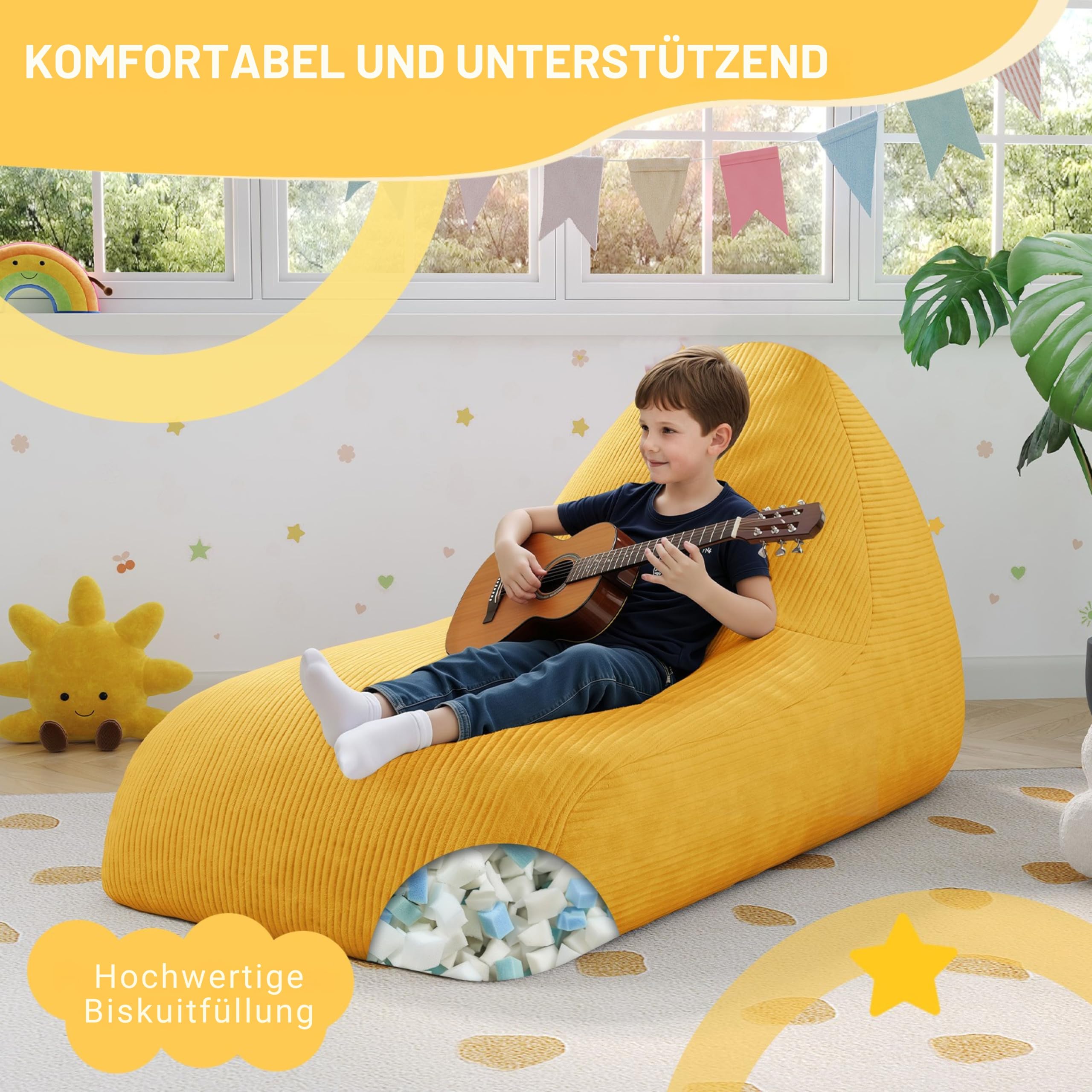 MeMoreCool Cord Sitzsack Kinder von 8–12 Jahren, großer Sitzsäcke mit Füllung, großer Lounge-Sitzsessel für Kuschelecke Kinderzimmer, gemütliche Bodenliege für Mädchen und Jungen, Gelb