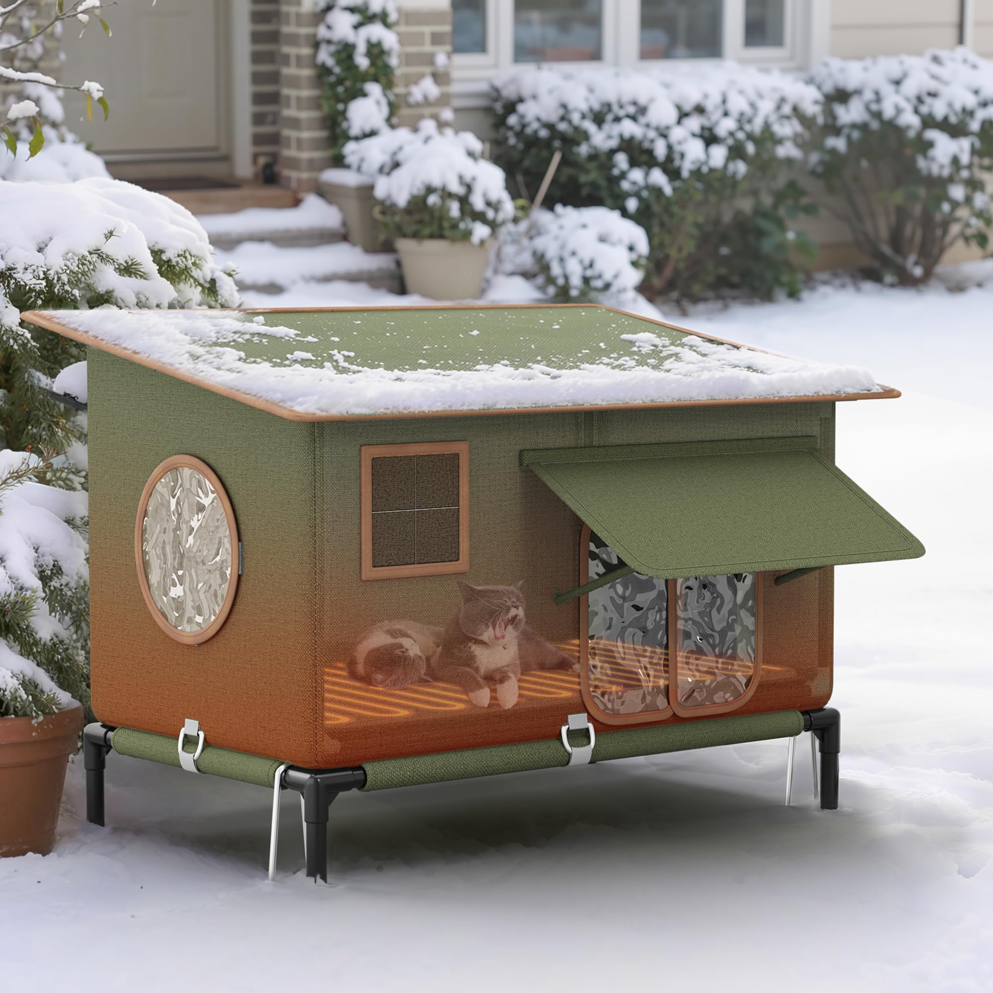 yitahome heated outdoor cat house for winter, insulated waterproof feral cat shelter with heating pad & escape door, warm covered kitty house for stray and pet cats